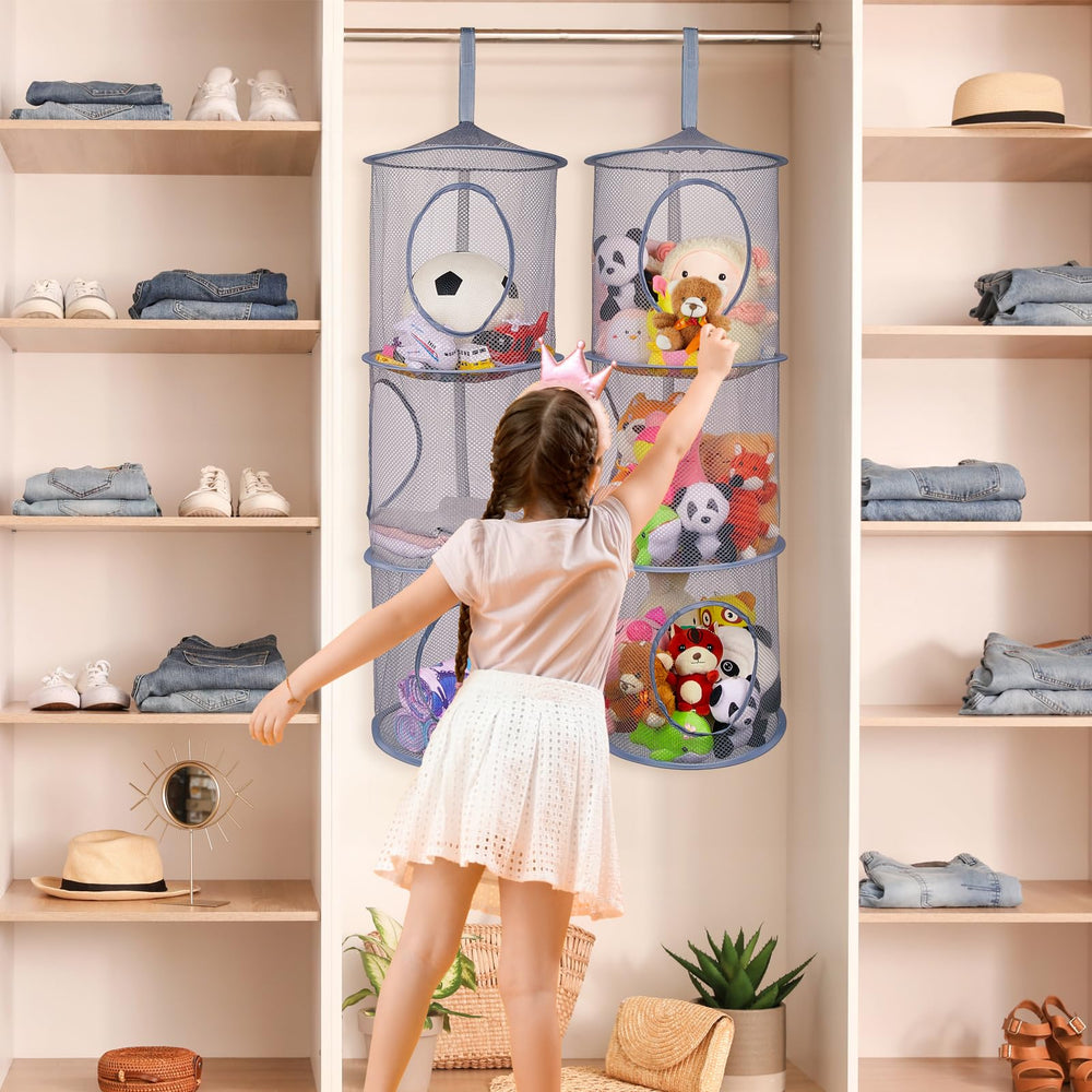 Basumee three-tier gray hammock stores plushies while saving standing space in bedrooms.