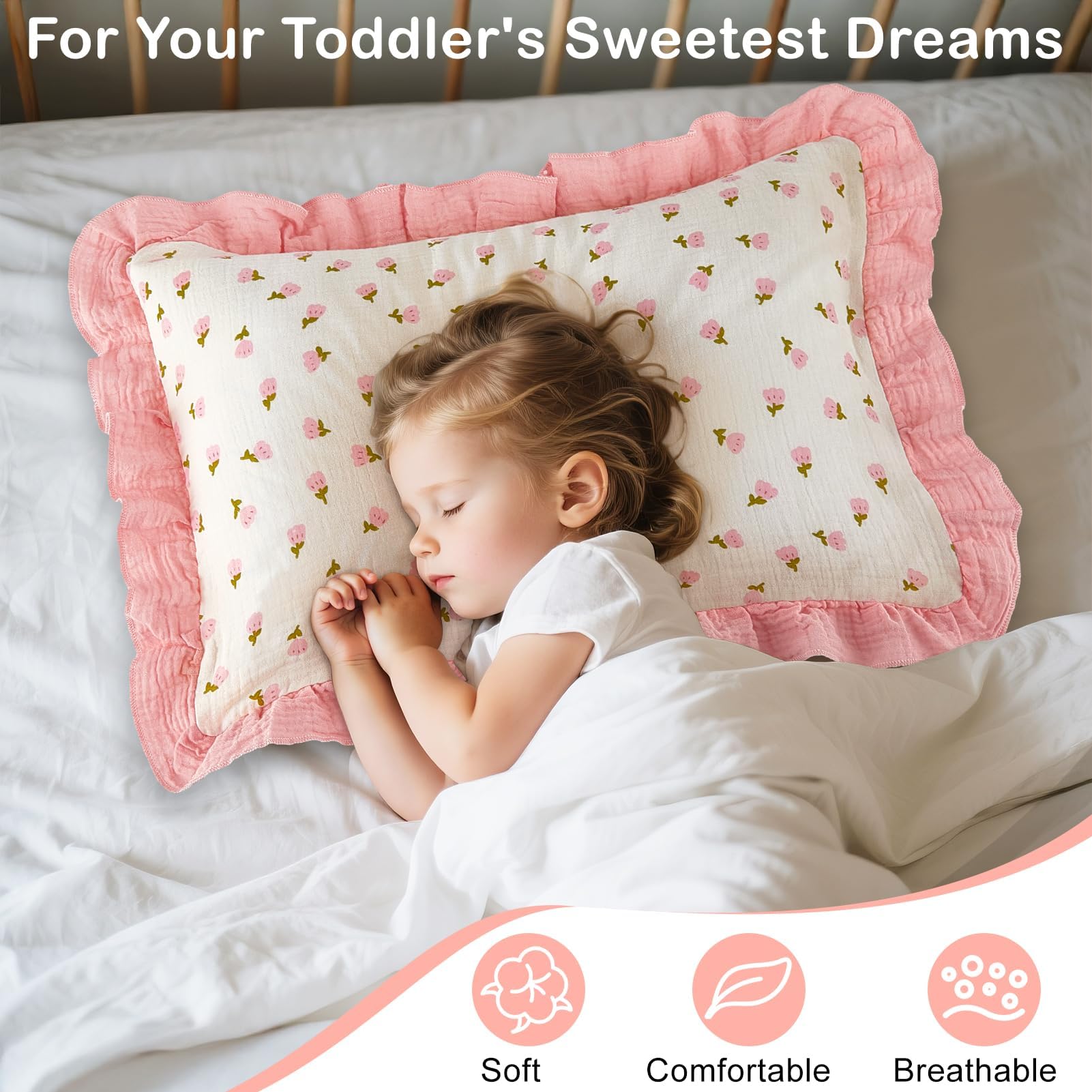 Basumee toddler pillowcase pink with ruffle edge, adds stylish nursery decor and cozy feel.