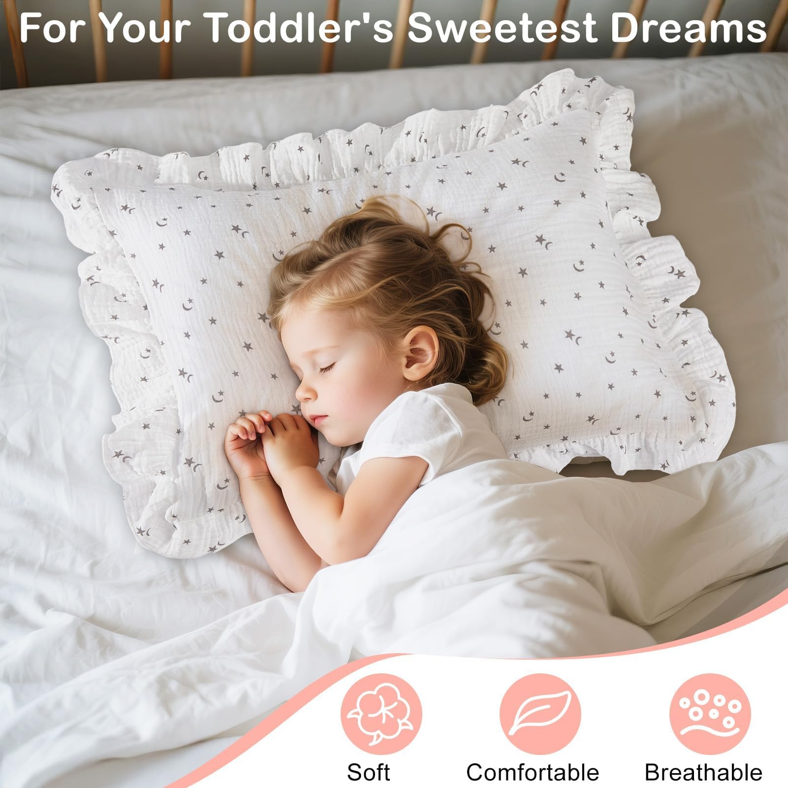 Basumee toddler pillowcase with ruffle edge adds cute style.