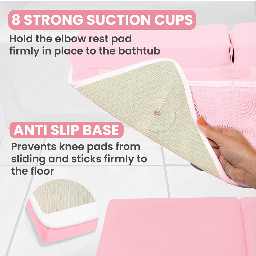 Batalee built-in mesh pockets store shampoo and washcloths within reach