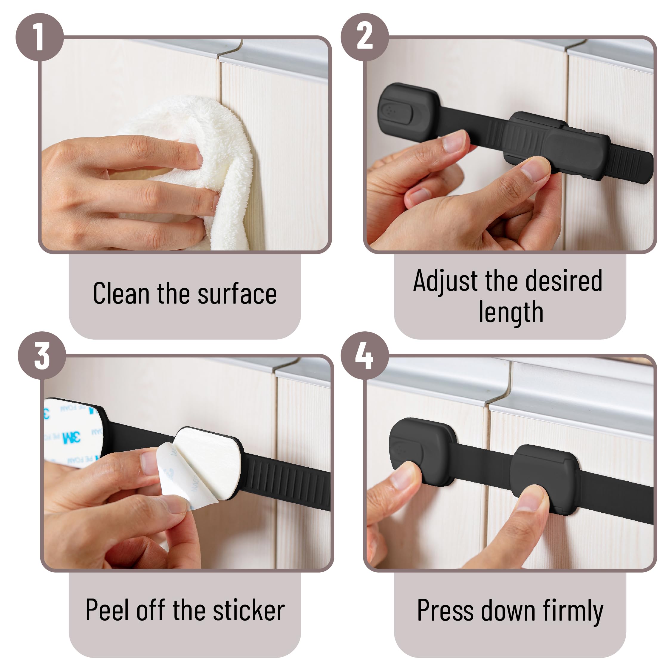 Bates Choice durable plastic cabinet locks with gentle surface contact.