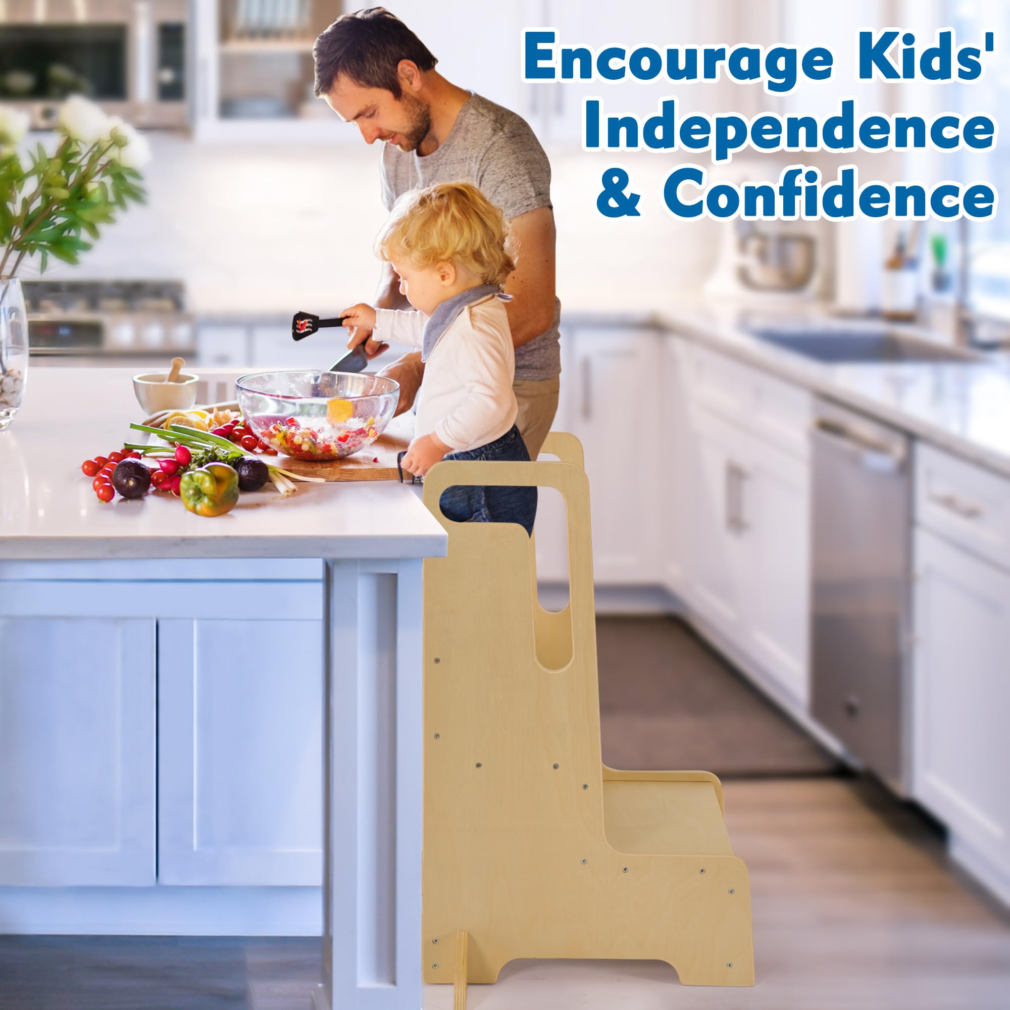 Bateso step stool with handles helps toddlers balance during use.