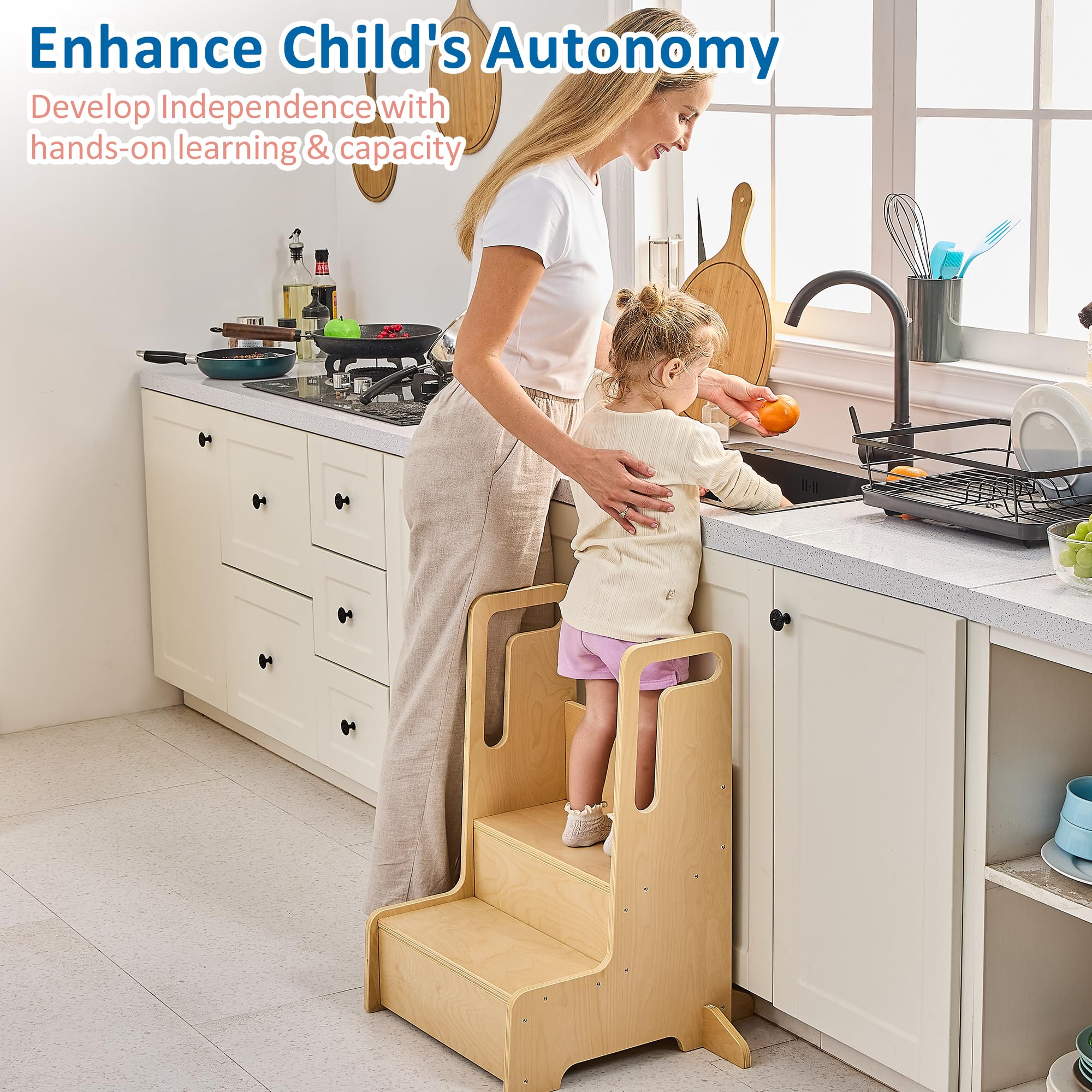 Bateso step stool aids kids during tooth brushing at the sink.