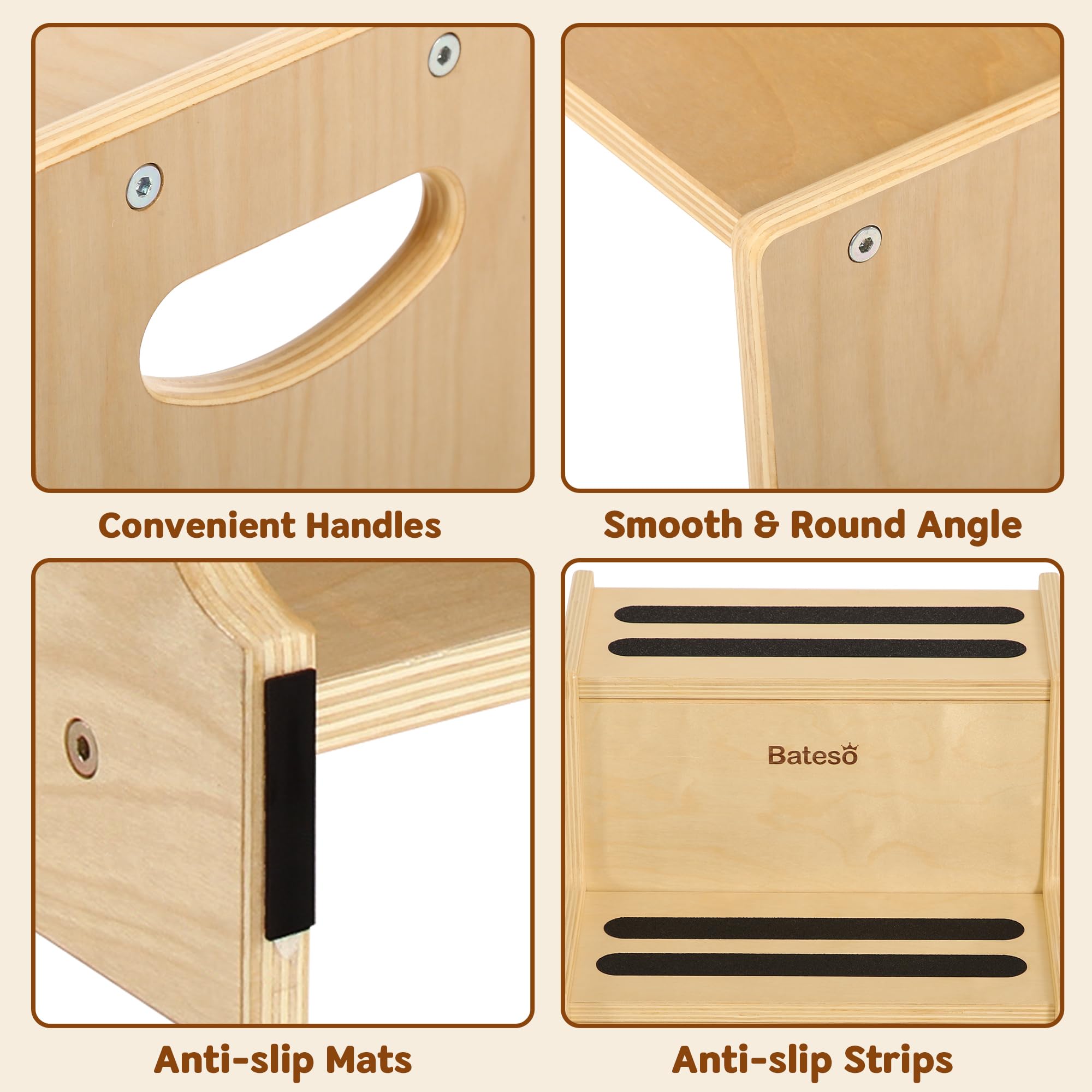 Bateso assembly-friendly wooden stool with rounded edges for worry-free setup