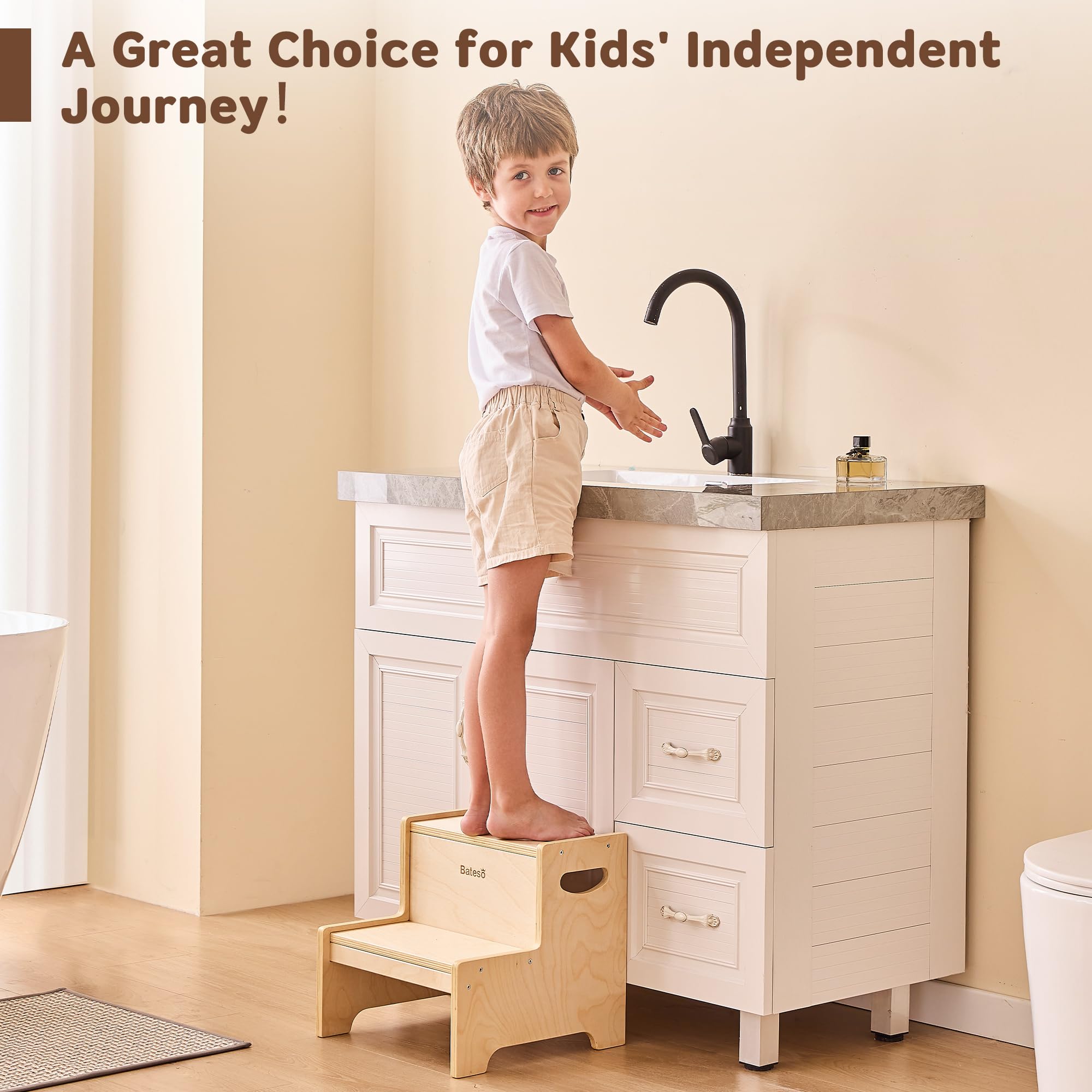 Bateso step stool at bathroom sink promotes independent handwashing through stability