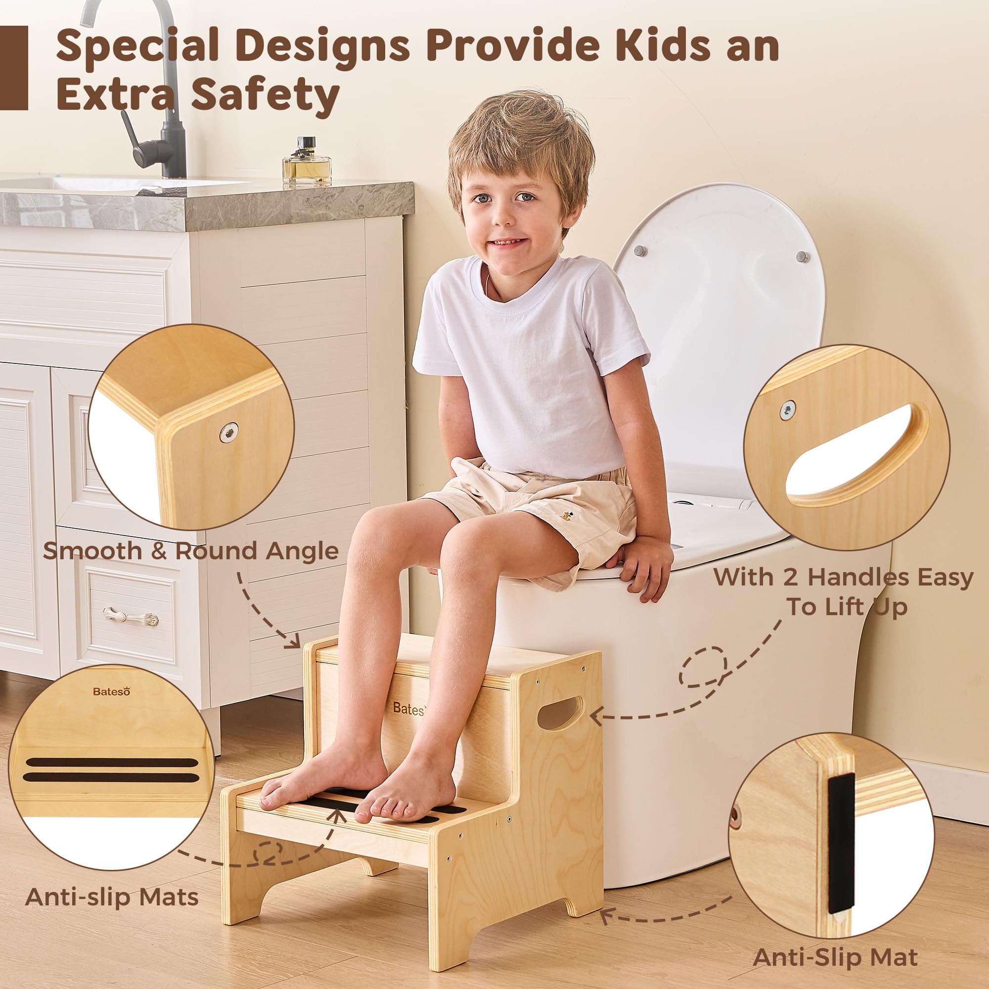 Bateso wooden two-step platform enables easy kitchen counter reach for kids