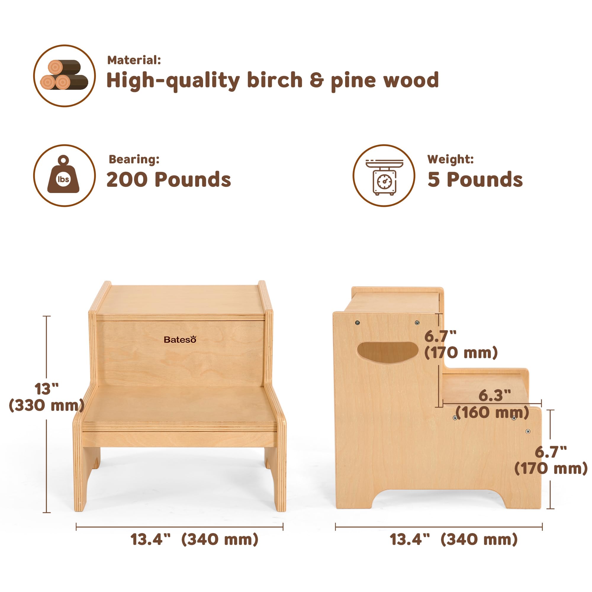 Bateso step stool shows non-slip mats on top and bottom for safety