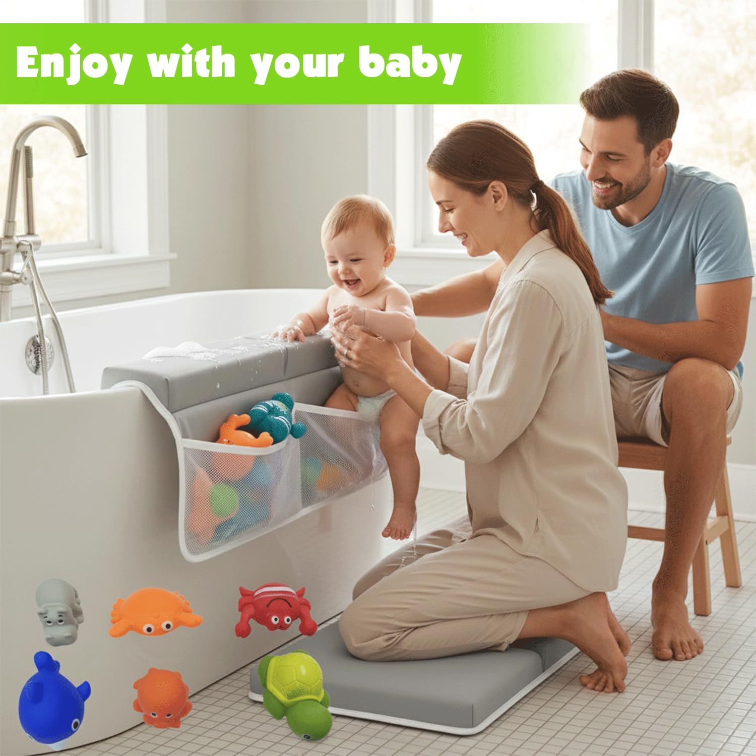 Bath Kneeler Elbow Rest Pad includes small baby toys for engaging bath time.