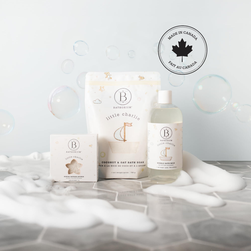 Bathorium Little Charlie Bath Soak shown with washcloth for head-to-toe cleansing