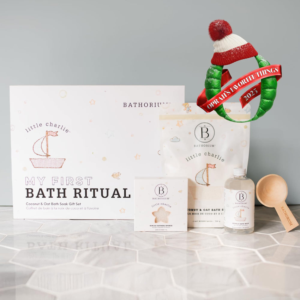 Bathorium Little Charlie soothing bath soak bottle offers gentle, fragrance-free baby cleansing.