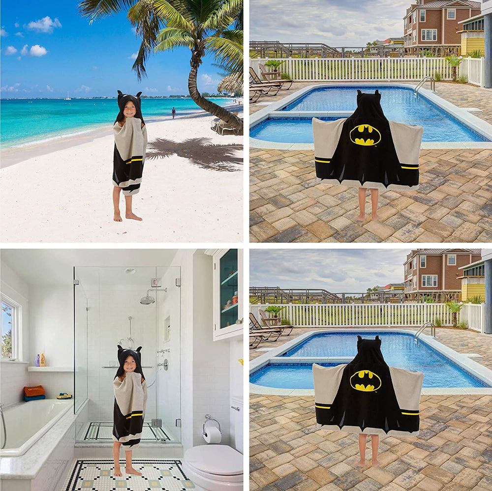 DC Comics Batman hooded towel wrap depicted after bath, suggesting family-friendly bedtime routine.