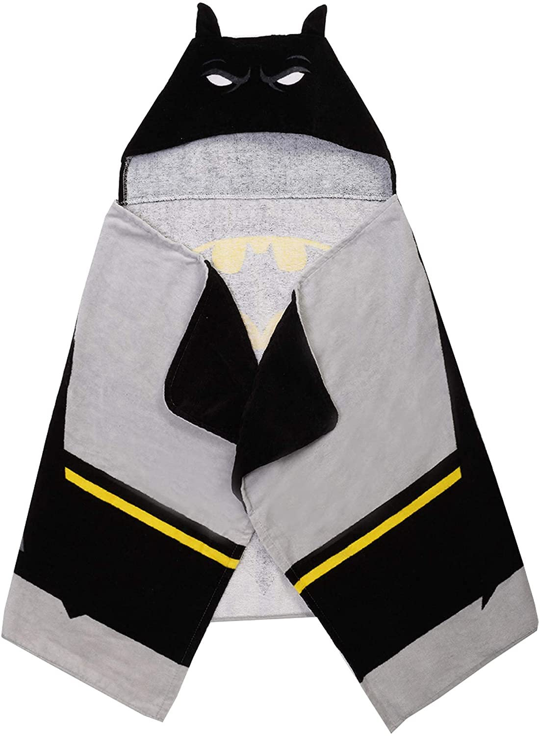 DC Comics Batman hooded towel wrap design highlighted, showcasing fan-favorite motif for imaginative play.