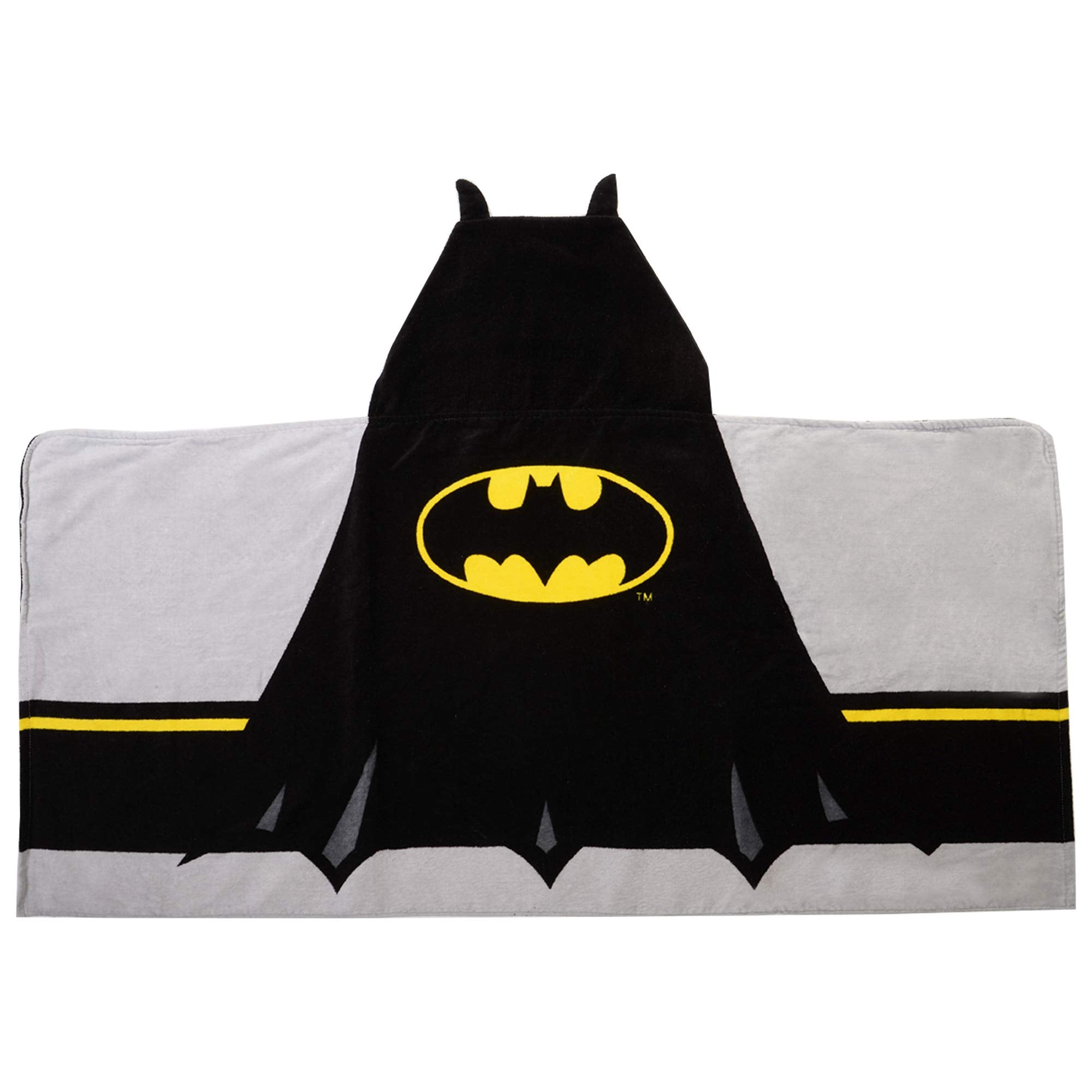 DC Comics Batman hooded towel wrap worn full-body for post-bath warmth and easy cuddling.
