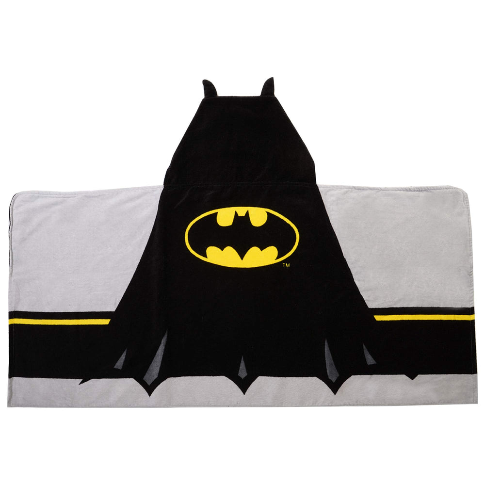 DC Comics Batman hooded towel wrap worn full-body for post-bath warmth and easy cuddling.