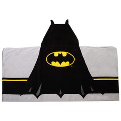 DC Comics Batman hooded towel wrap worn full-body for post-bath warmth and easy cuddling.