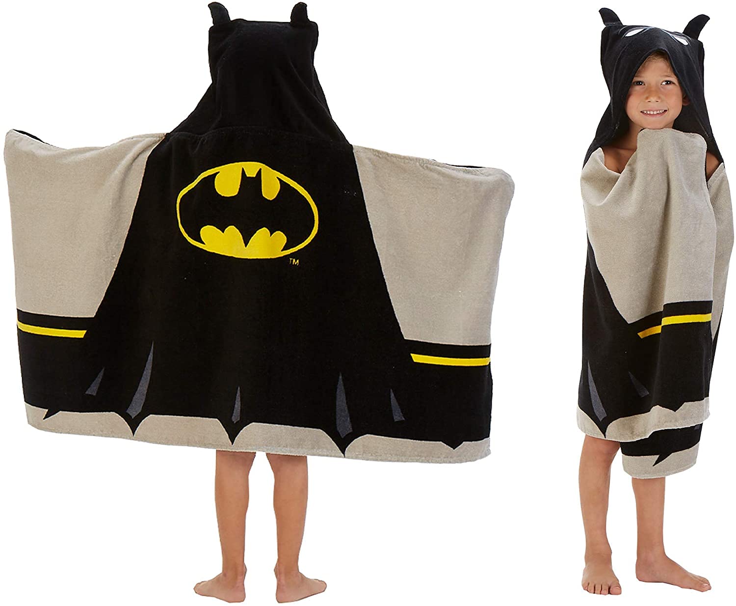 DC Comics Batman hooded towel bath wrap shown on a child model, cozy after bath.