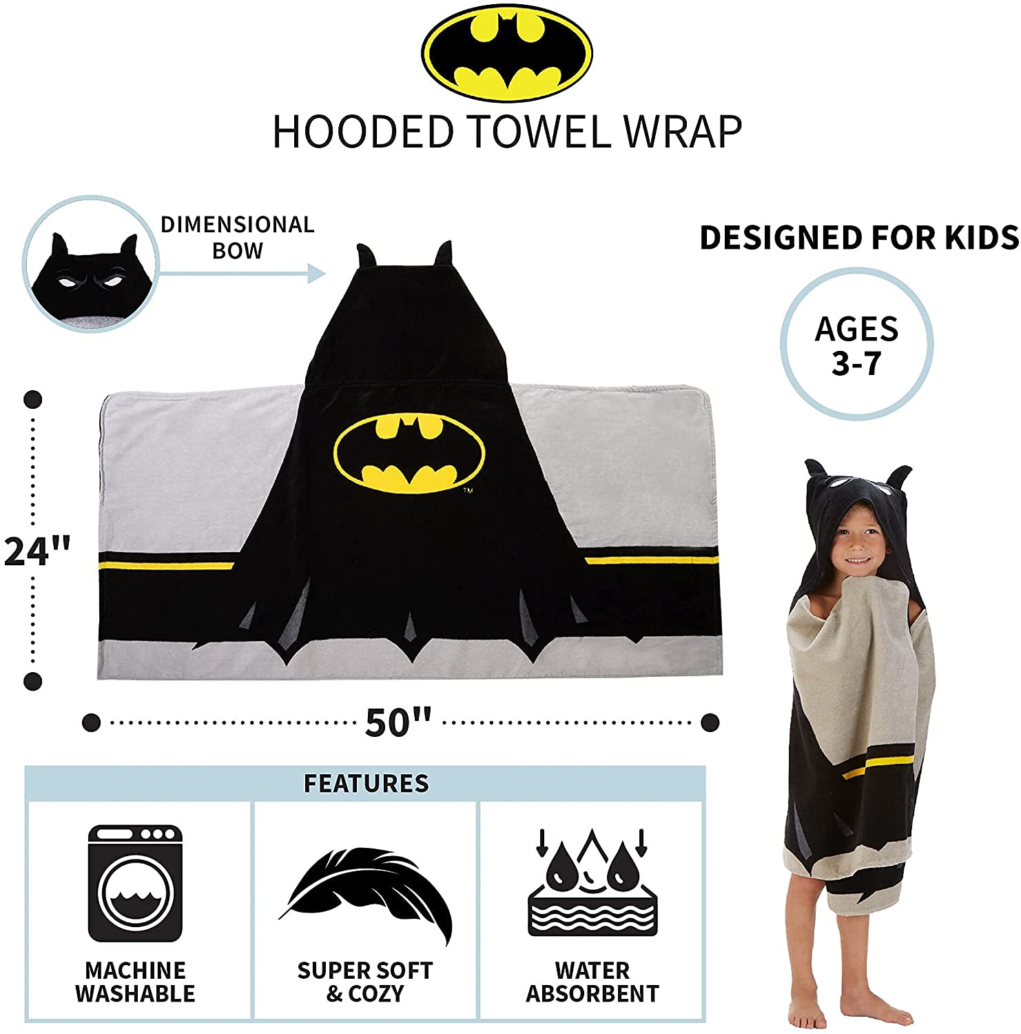 DC Comics Batman hooded towel wrap packaging image hints at gift-ready appeal.