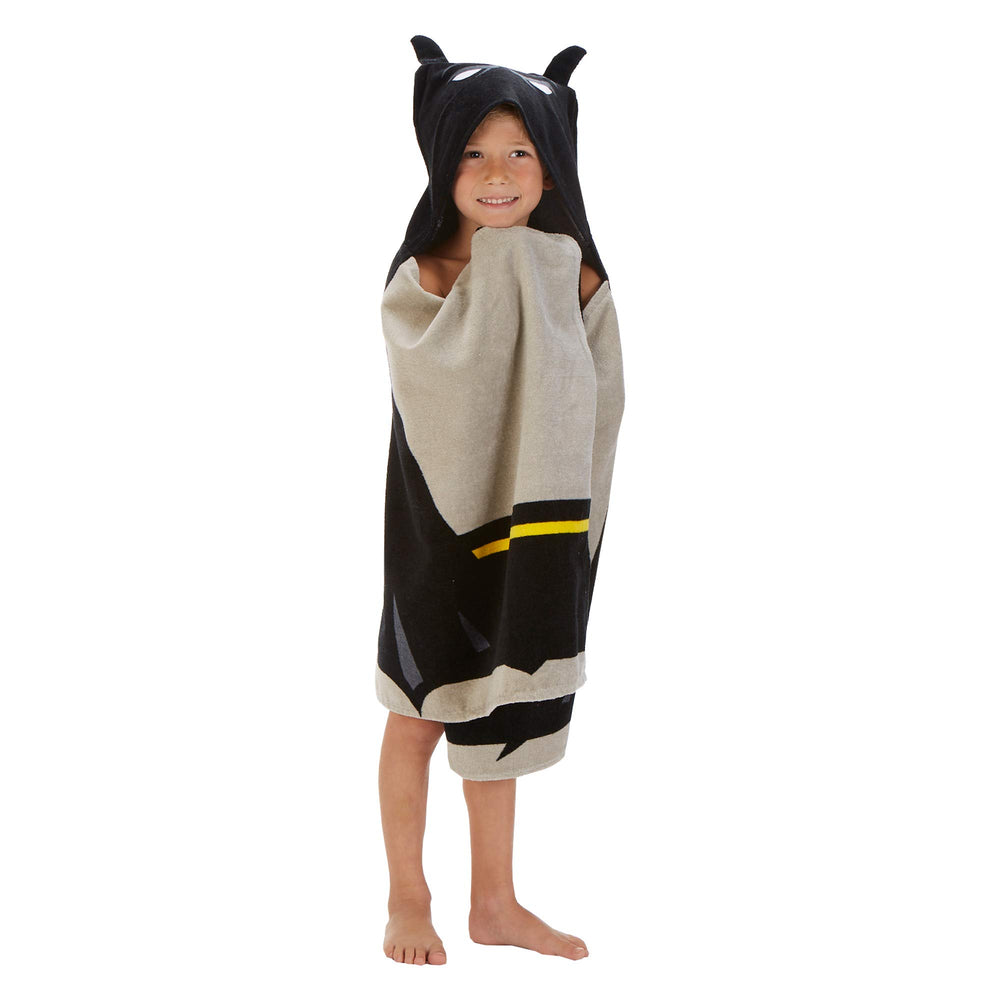 DC Comics Batman hooded towel wrap used during playful costume moments.