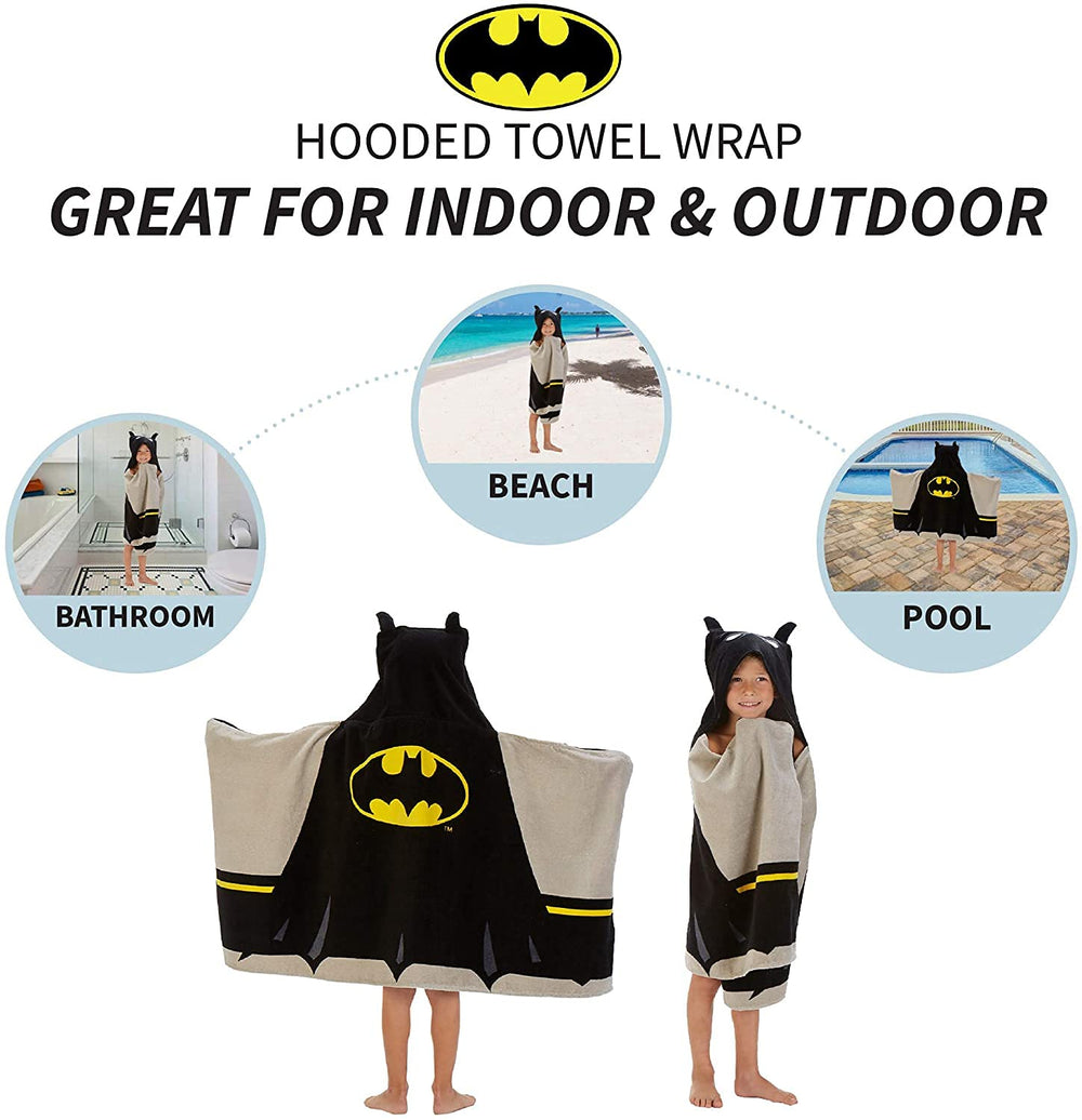 DC Comics Batman hooded towel wrap shown wrapped around shoulders for quick post-bath use.