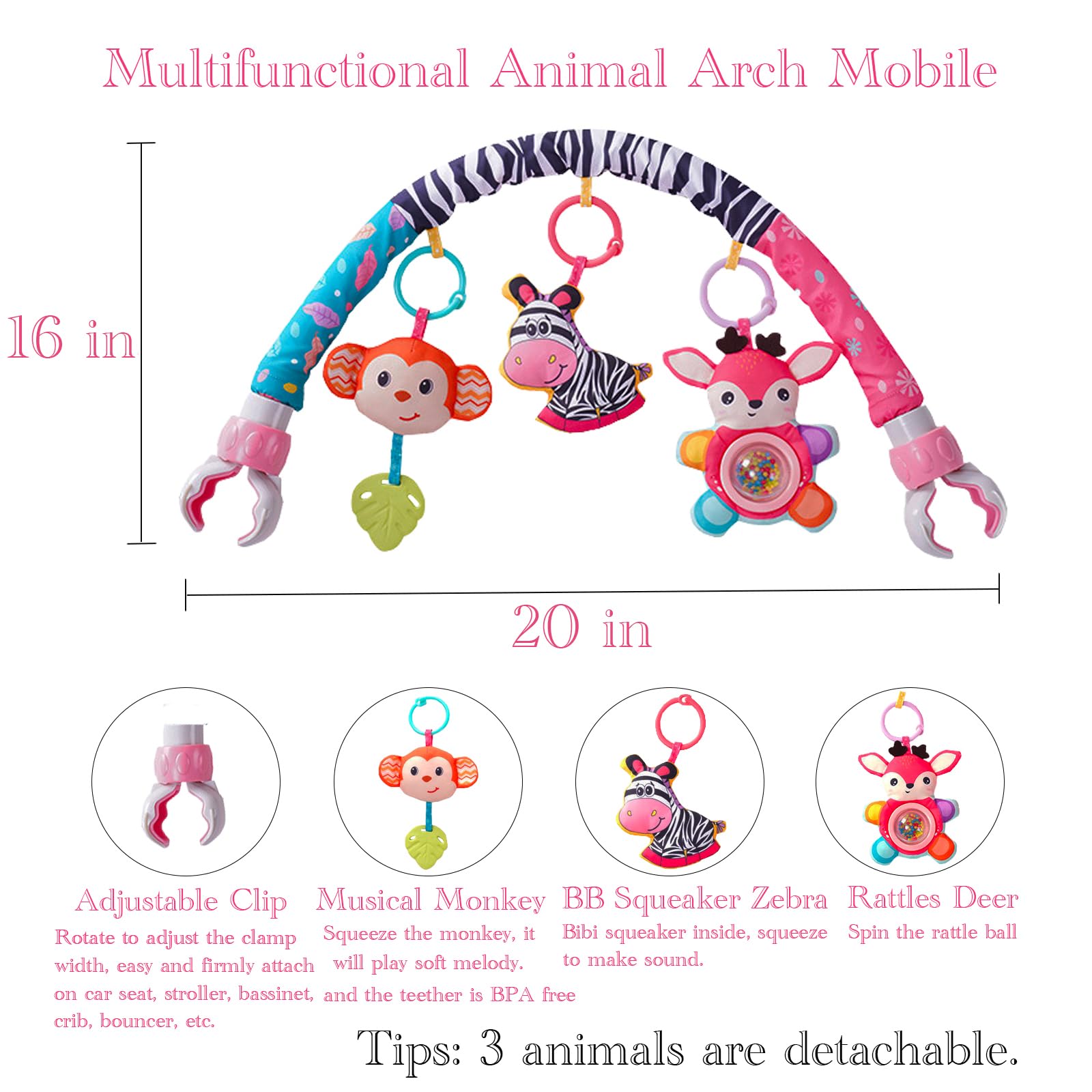 BATOHO crib mobile pink deer rattle provides tactile play and engagement for babies.