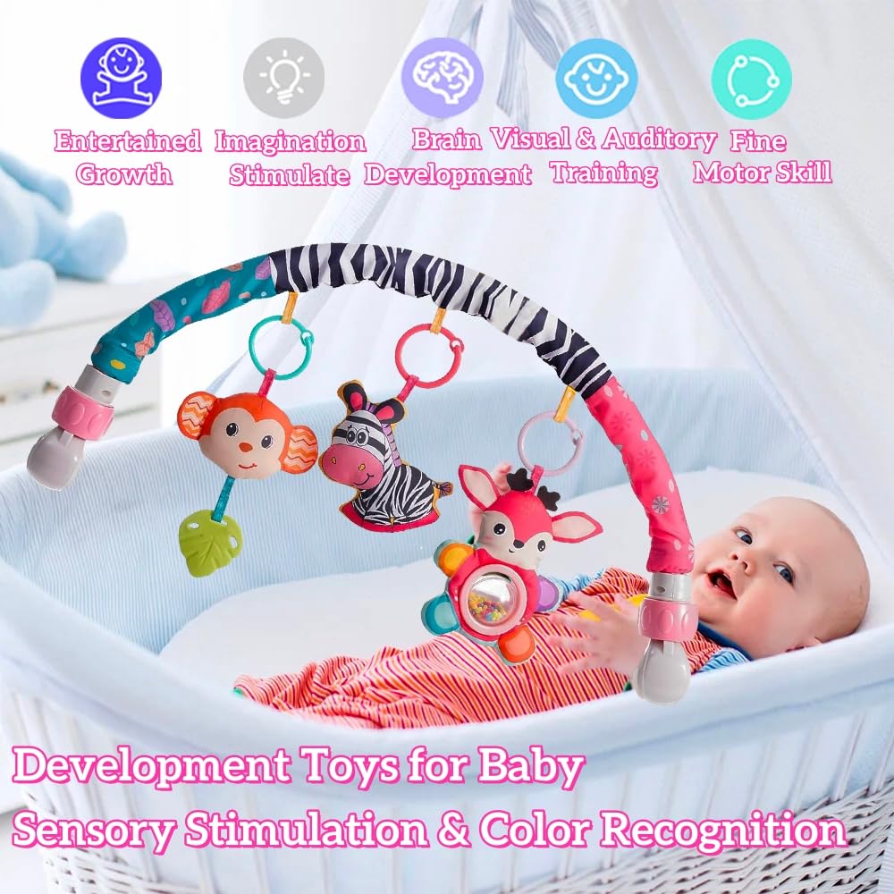 BATOHO crib mobile pink zebra squeaker supports color recognition and fine motor exploration.