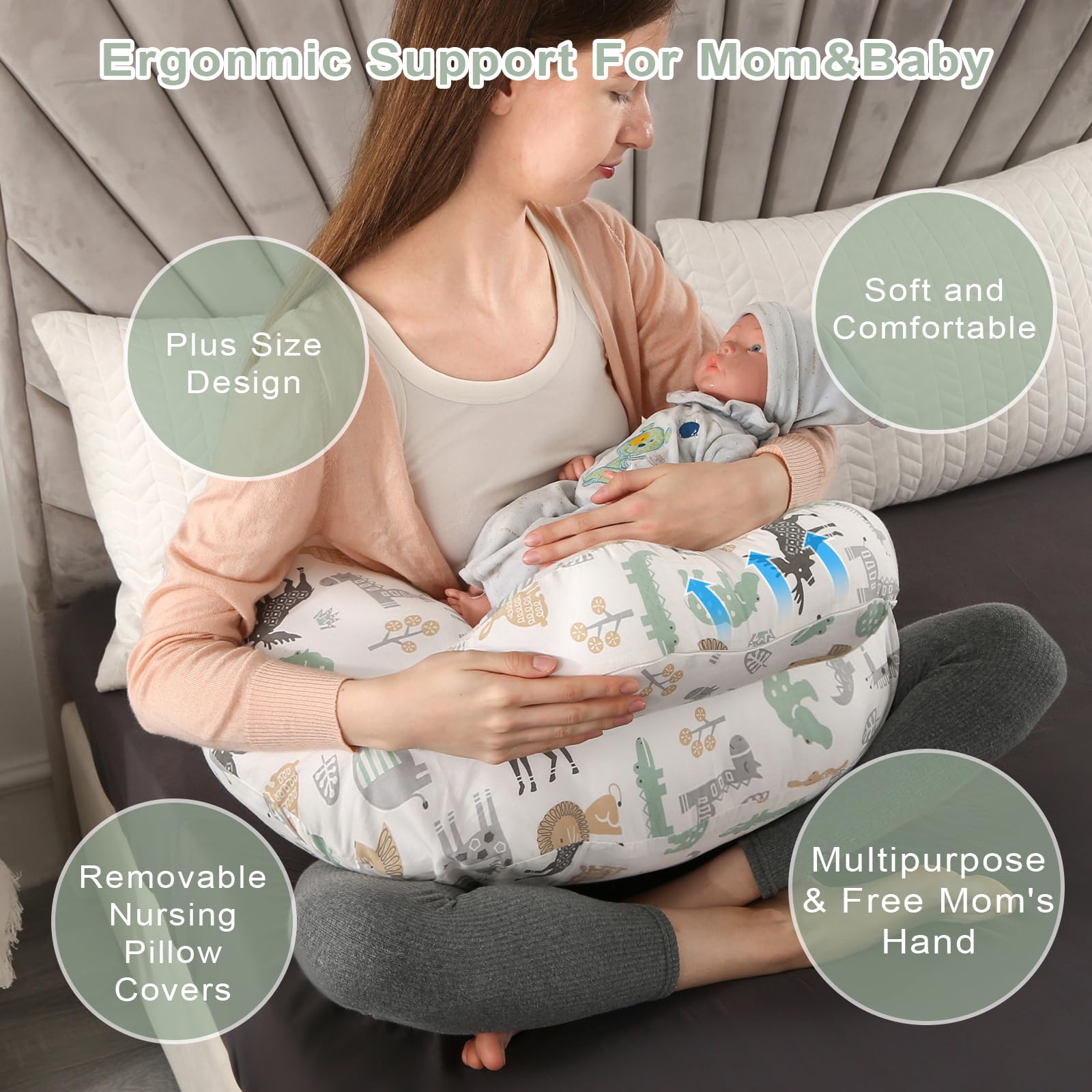 BATTOP nursing pillow shows 45cm strap fitting a wide range of body sizes.