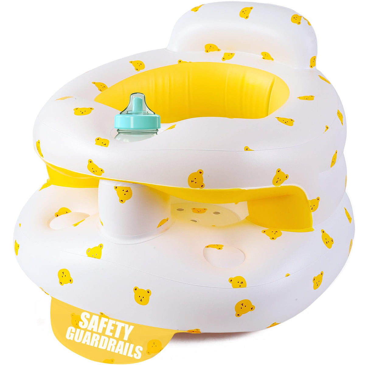 Bavbiiy inflatable baby seat yellow bear front view showing safety guardrails for secure lounging