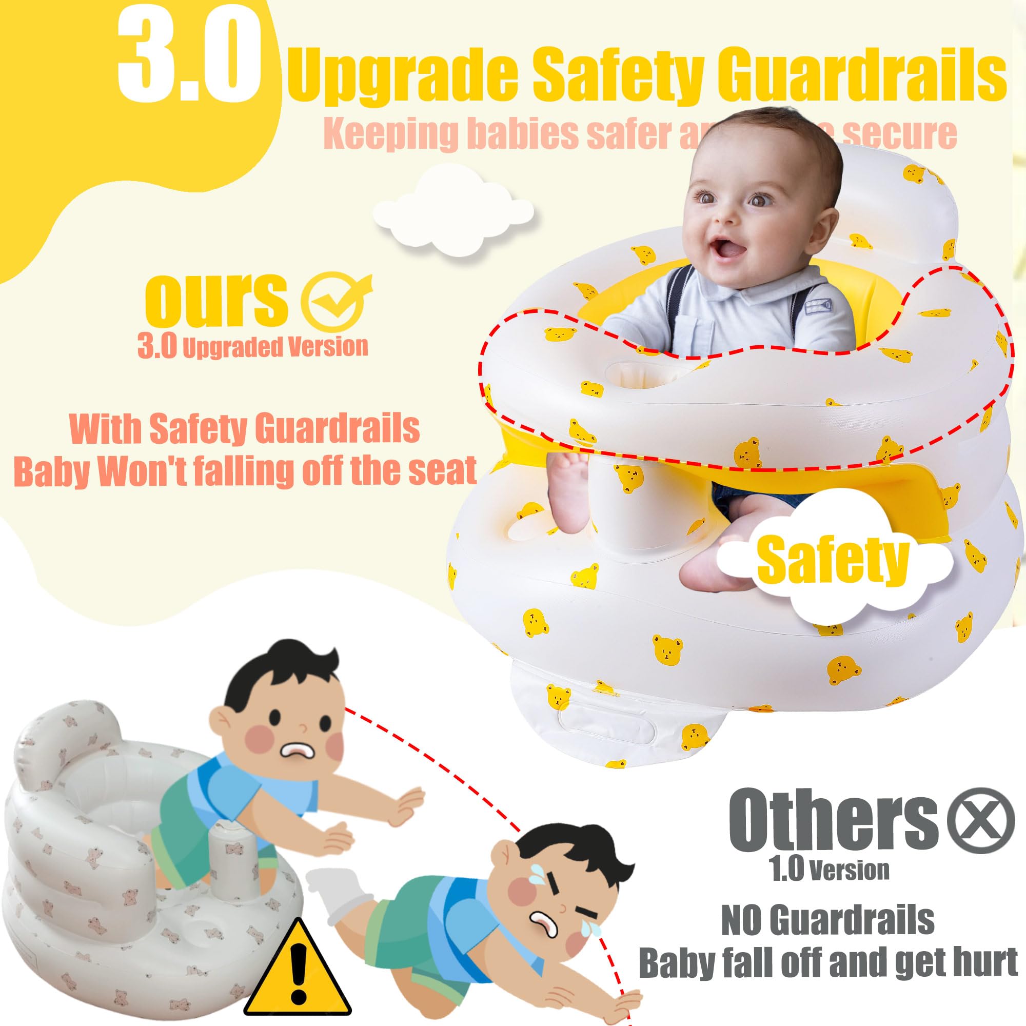 Bavbiiy inflatable baby seat yellow bear side angle highlighting guardrails and side support