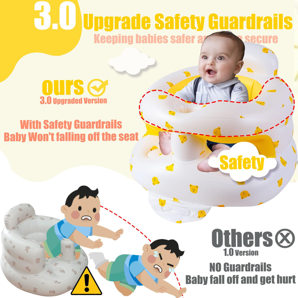 Bavbiiy inflatable baby seat yellow bear side angle highlighting guardrails and side support