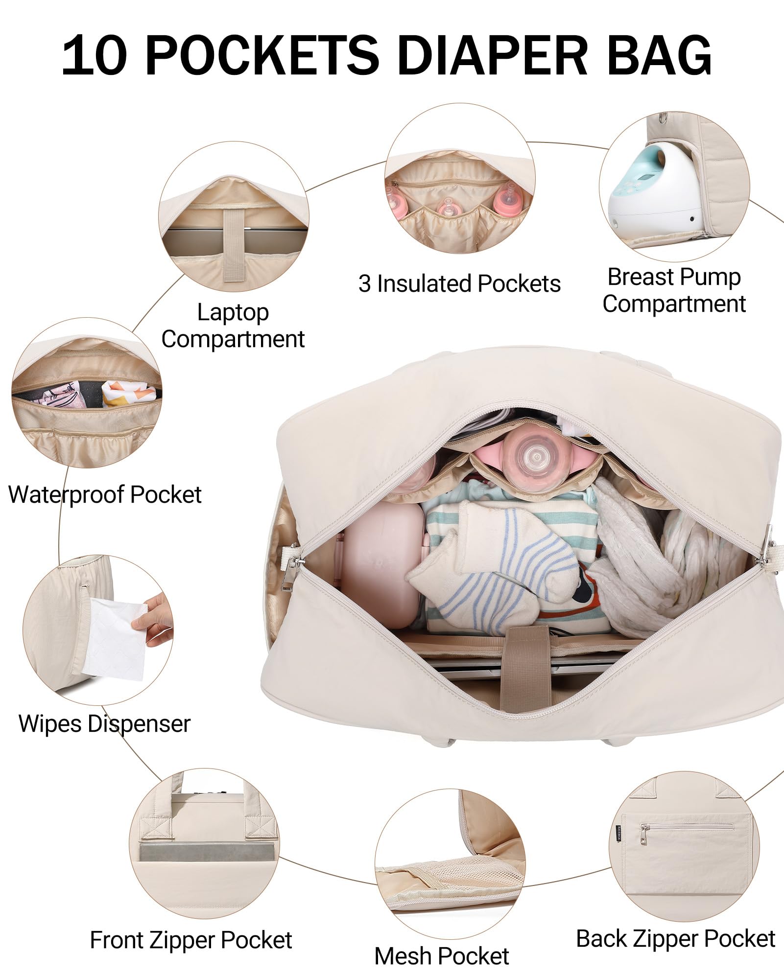 BAVERGE diaper bag interior pockets keep bottles, wipes, and shields neatly organized.