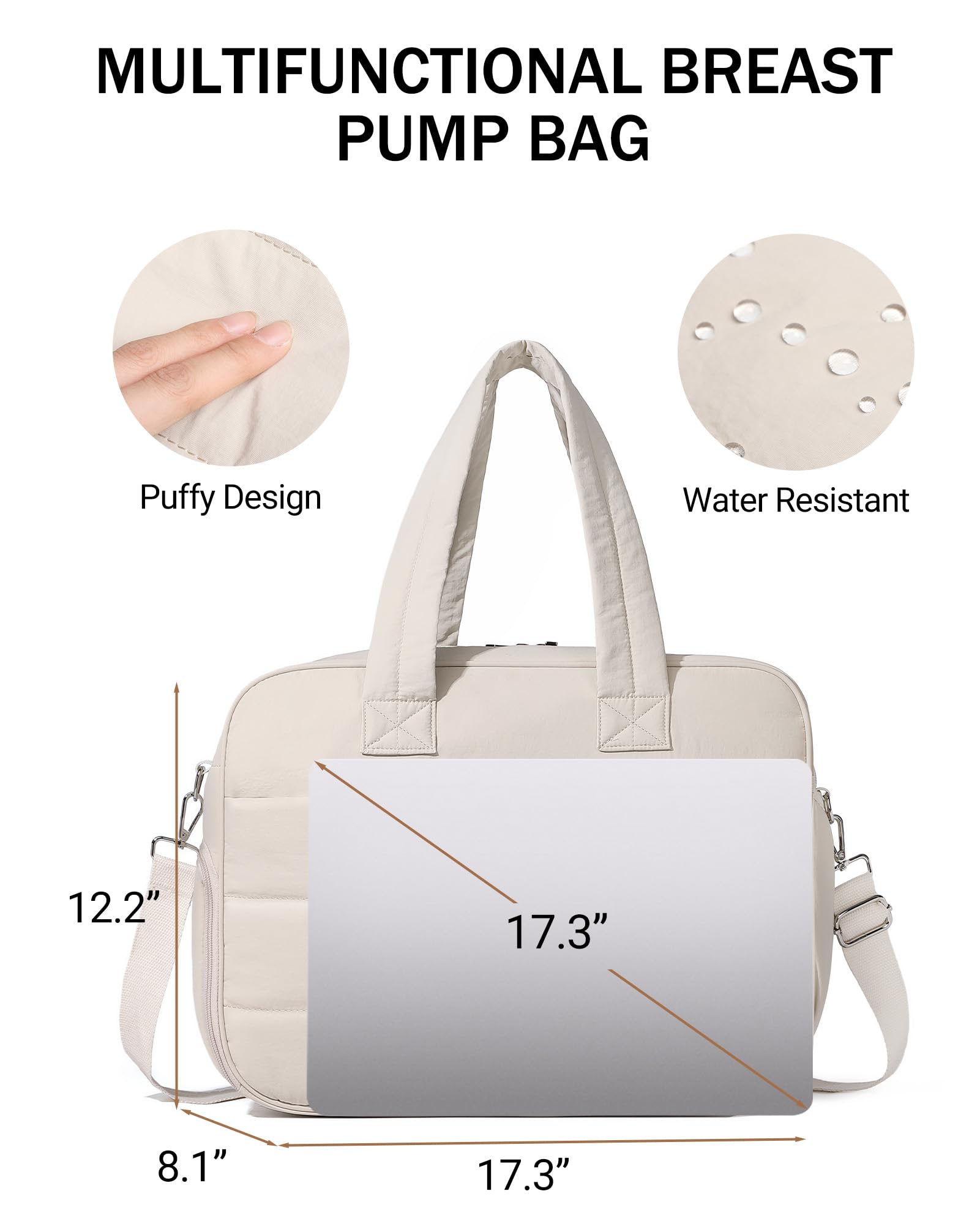 BAVERGE diaper bag side view shows breast pump compartment for easy pumping access.