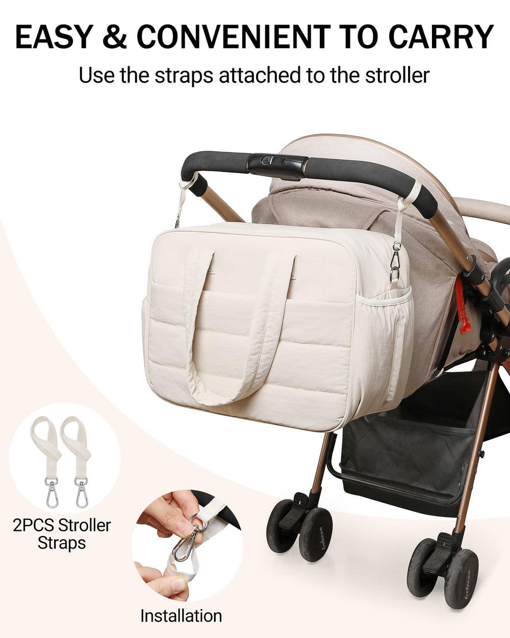 BAVERGE diaper bag stroller buckle straps demonstrate secure stroller attachment.