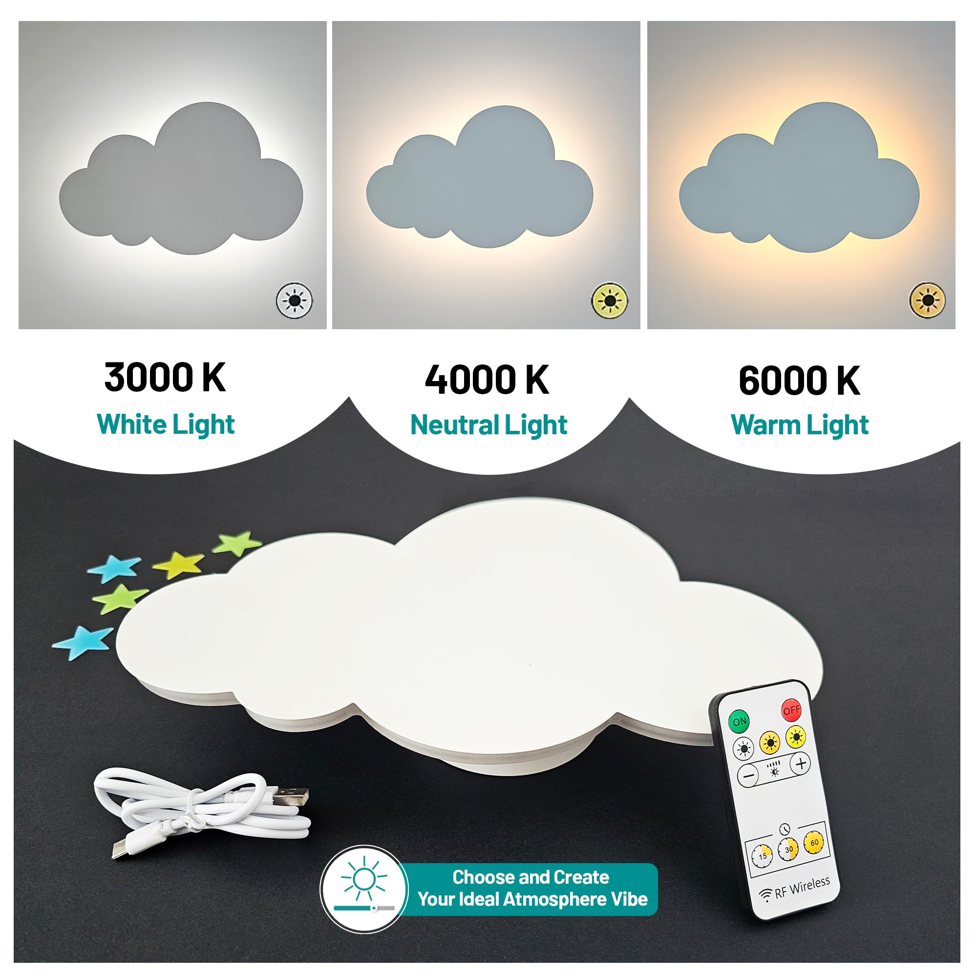 BAZENTI Cloud Lights package includes stars and stickers for decor