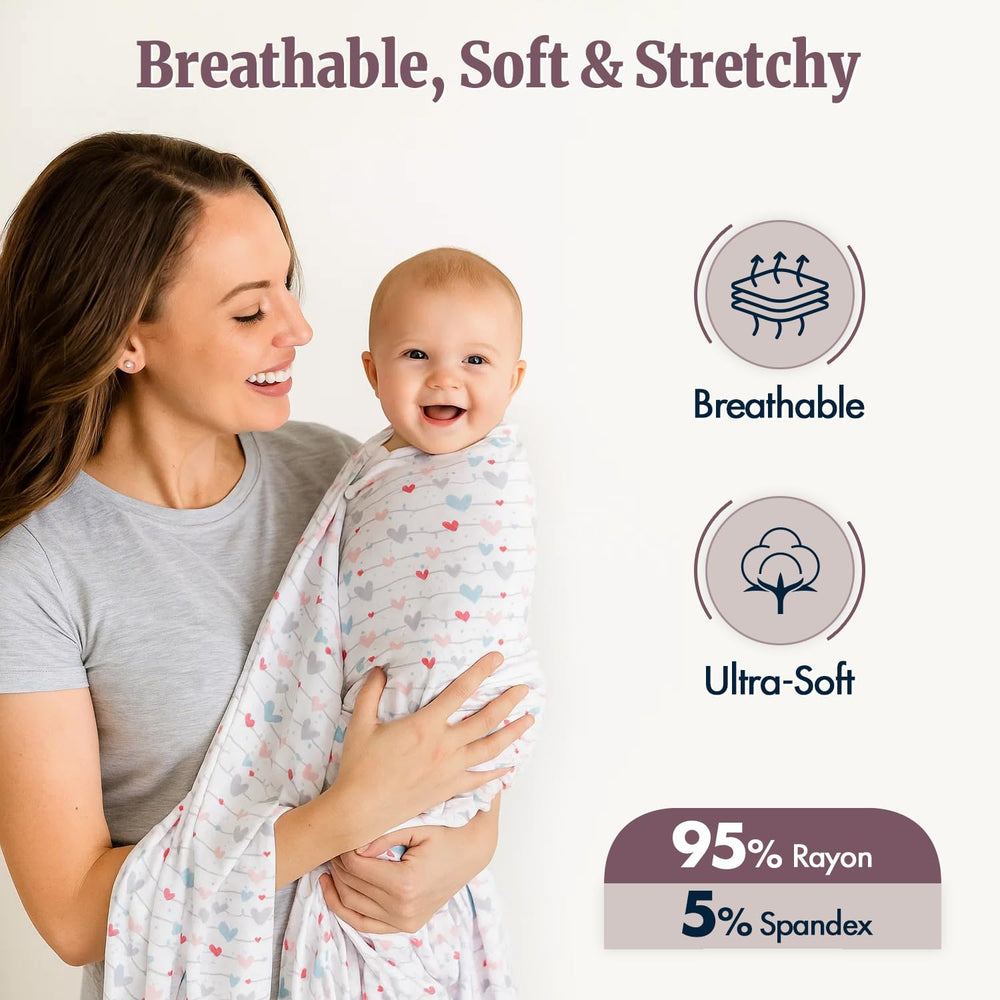 Bazzle Baby Sweetheart swaddle blanket demonstrates breathable fabric for all-season comfort.