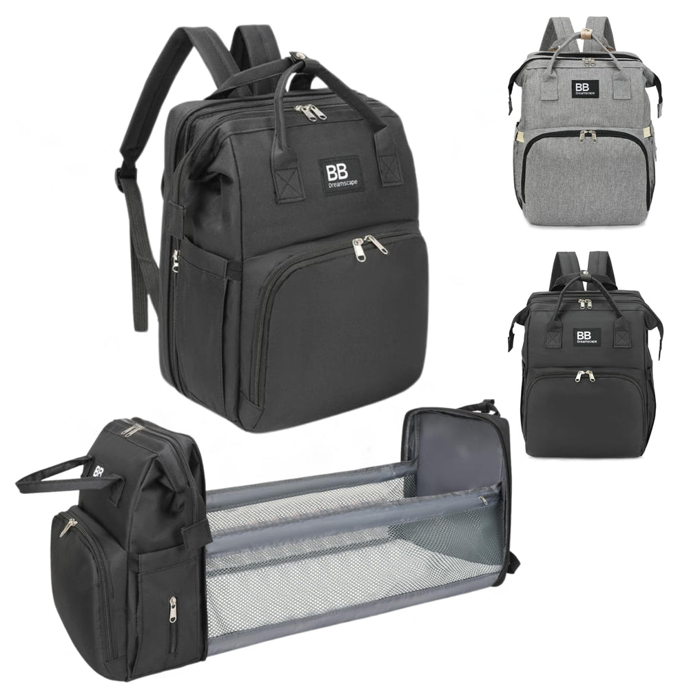 BB Dreamscape diaper bag backpack changing-station fold-out for on-the-go changes.
