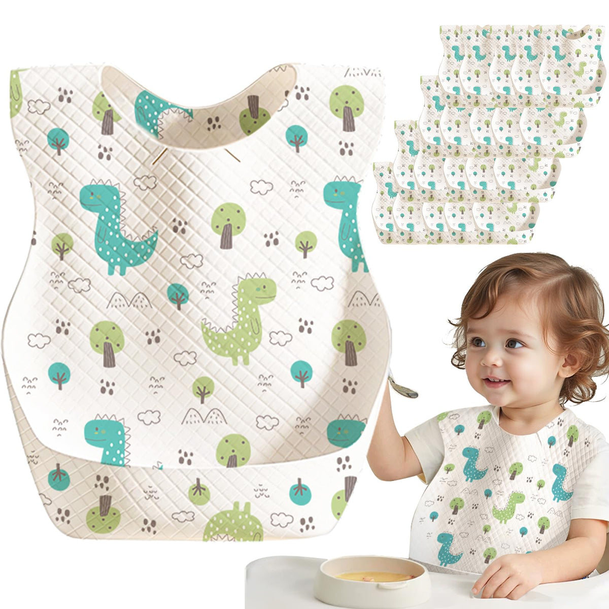 BBabebe dinosaur-design disposable bib keeps outfits clean during meals