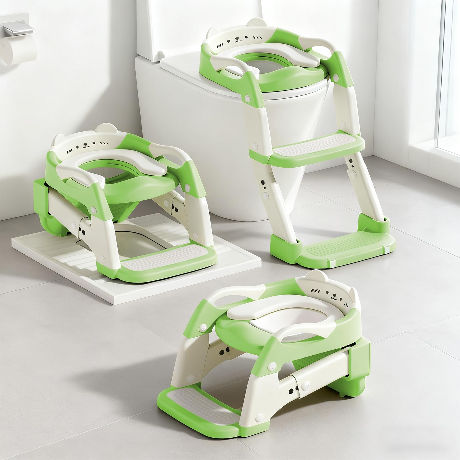 BBfancy potty training seat foldable green and white, ideal for compact travel.