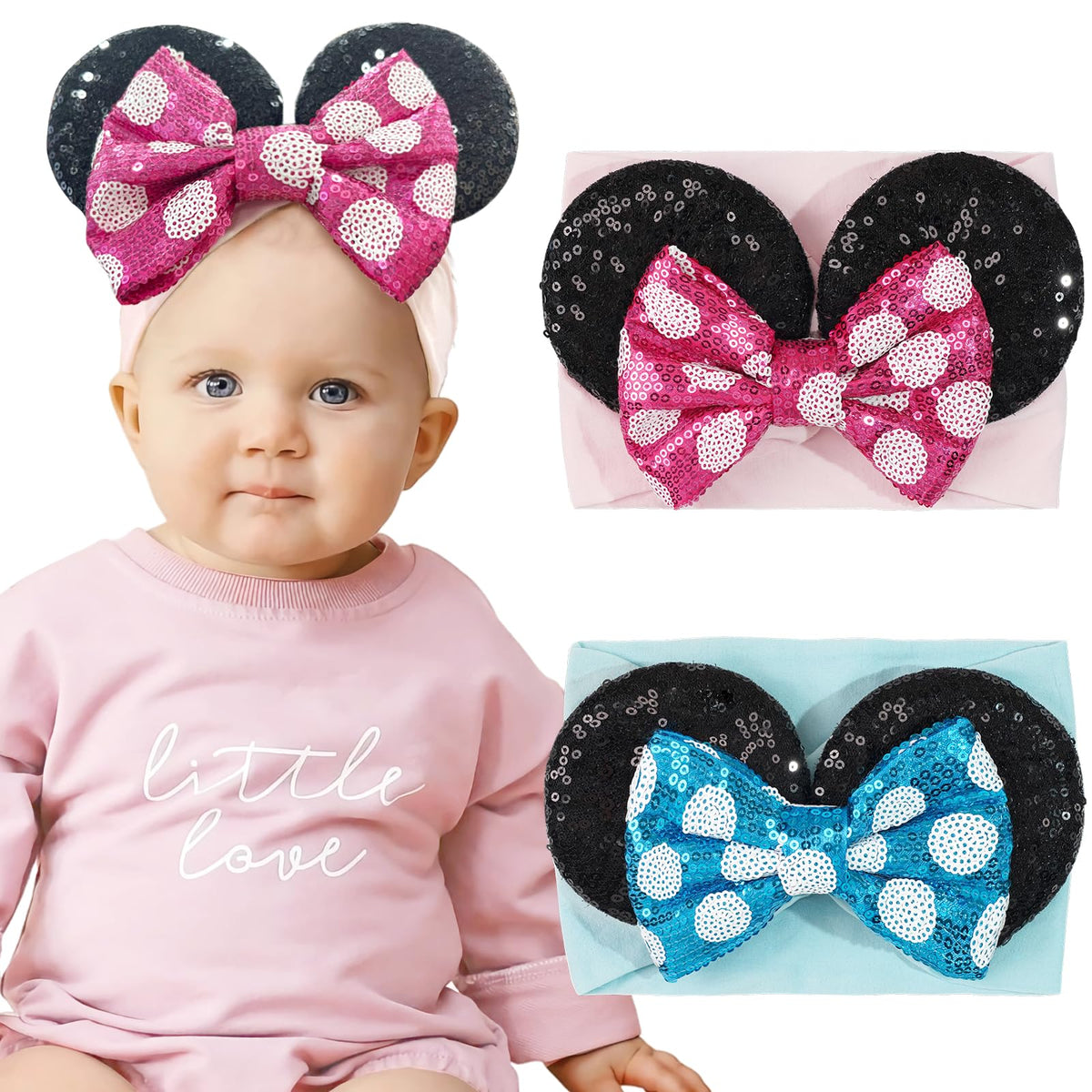 BBGifts baby girl mouse ears headbands in blue with sequin bow for photo shoots