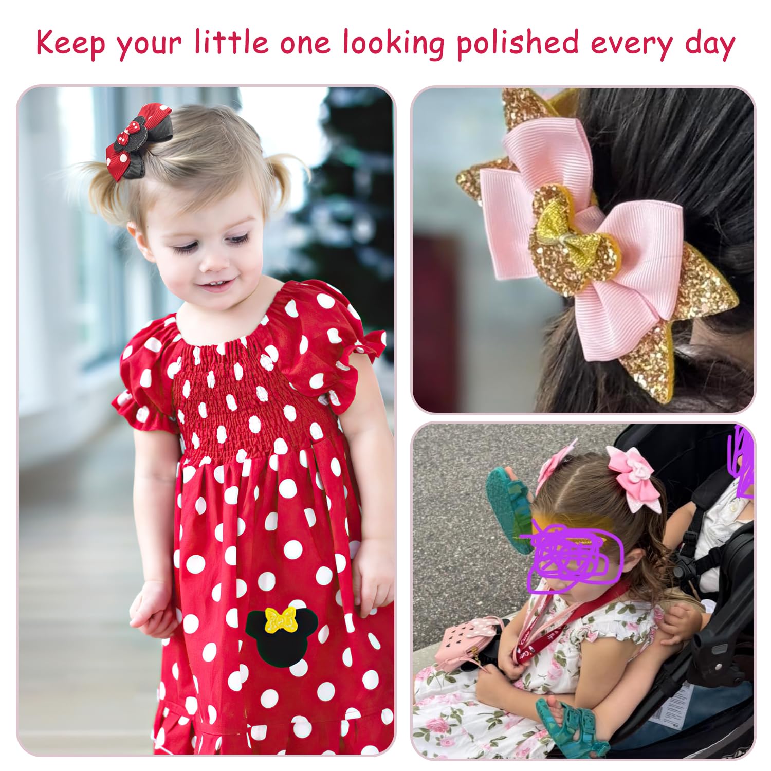 BBGifts glitter bow clip 3in pink dot design secures small pigtails