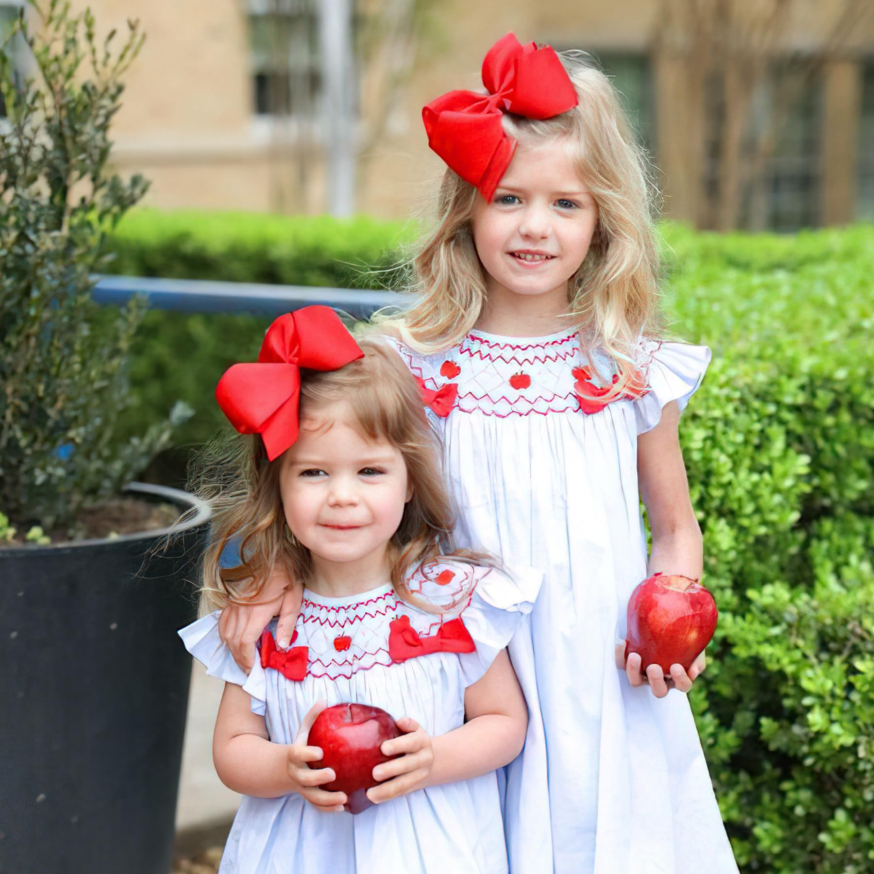 BBGifts hair bows front view on clips, vibrant red and pink for daily wear.