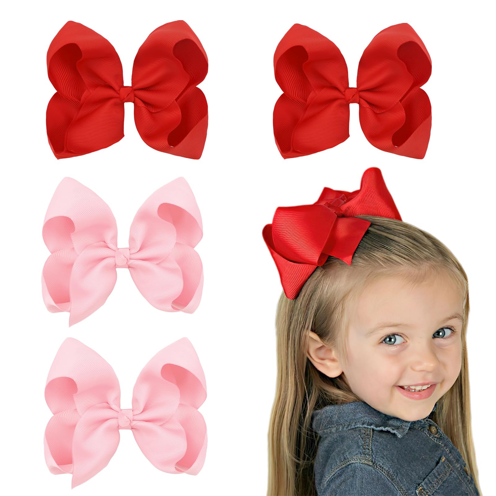 BBGifts hair bows in red and pink with alligator clips for secure kid hairstyles.