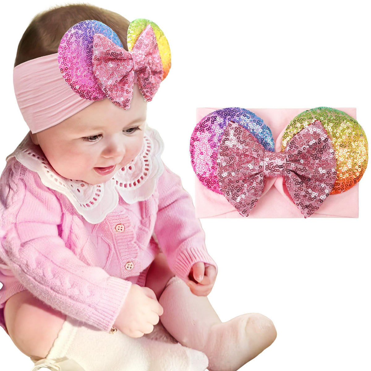 BBGifts mouse ears headband pink sequin closeup shows sparkling ears and bow for party fun