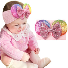 BBGifts mouse ears headband pink sequin closeup shows sparkling ears and bow for party fun