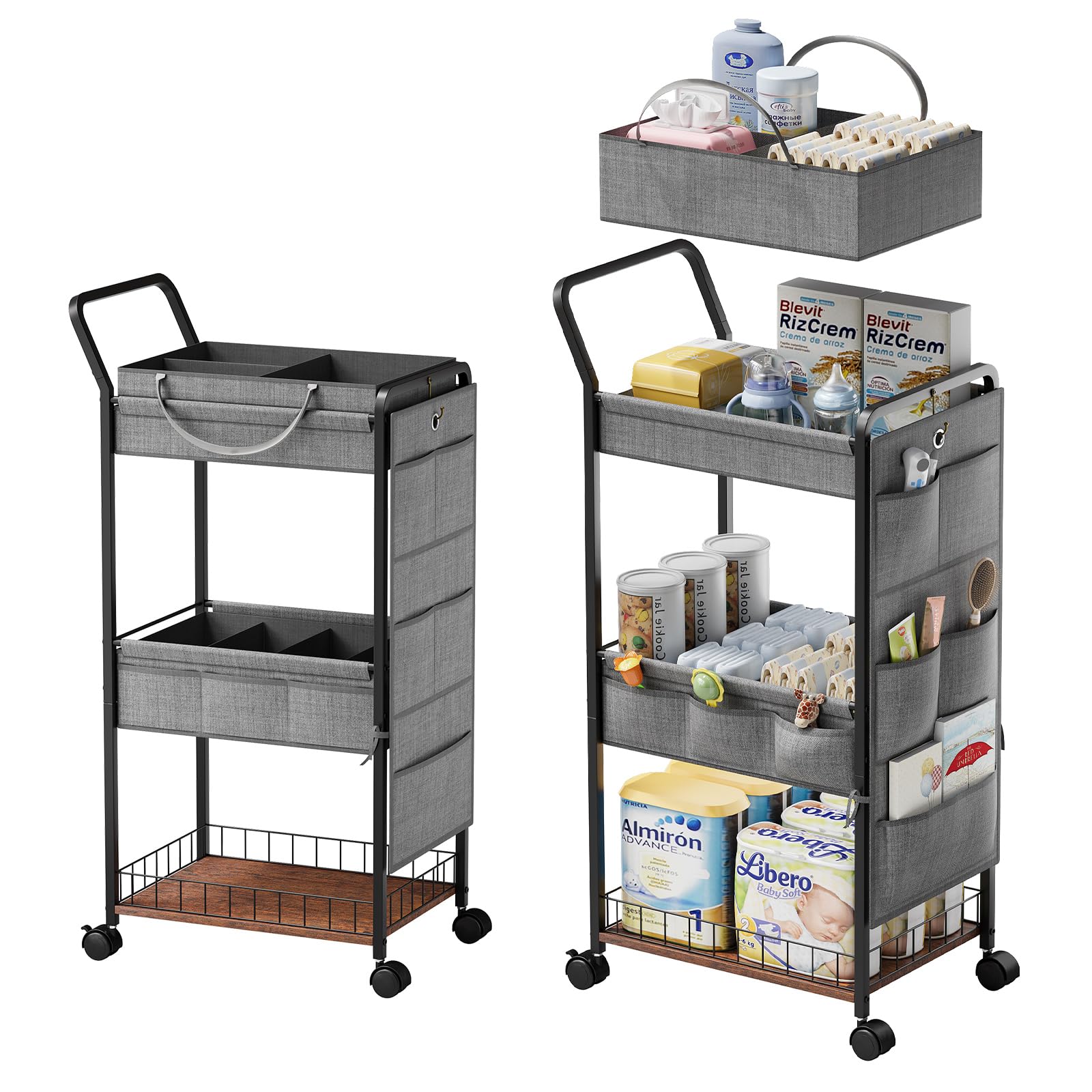 BBLIKE 3-tier diaper caddy rolling cart top view for quick access to baby essentials