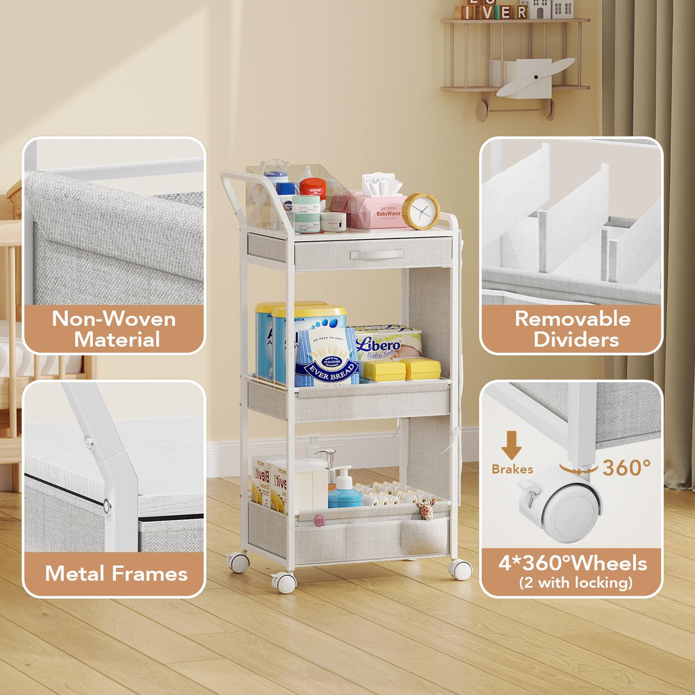 BBLIKE 3-Tier Diaper Caddy Organizer drawer close-up highlights built-in dividers for easy sorting.