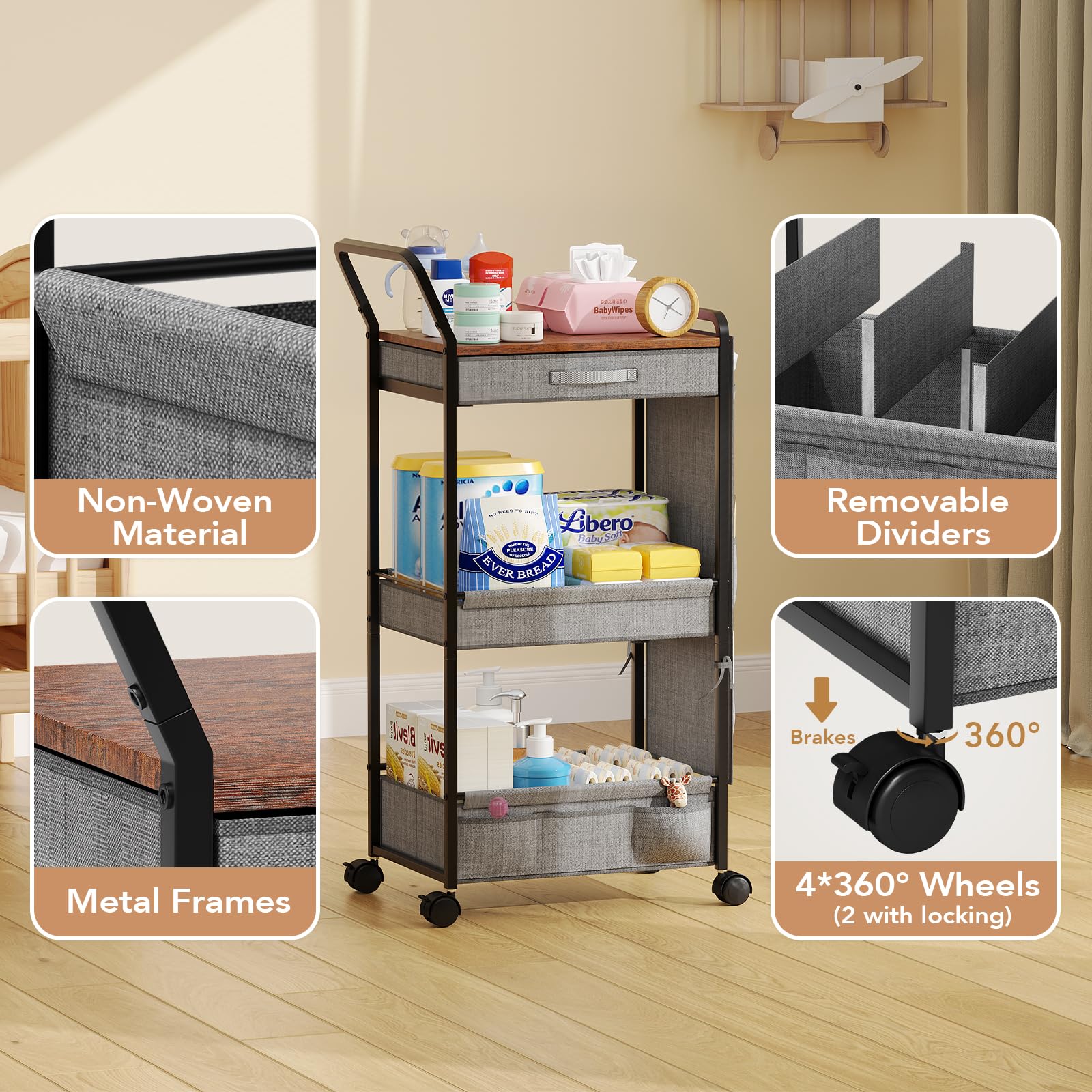 BBLIKE diaper caddy drawer open for quick access to wipes, creams, and essentials