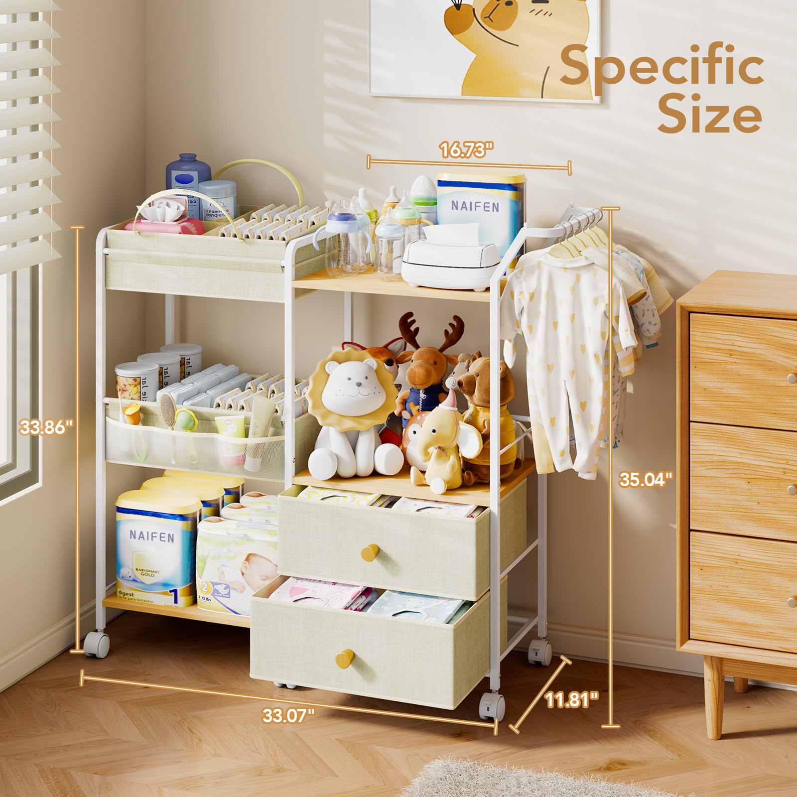 BBLIKE integrated hanging rod creates a mini wardrobe for bibs and onesies.