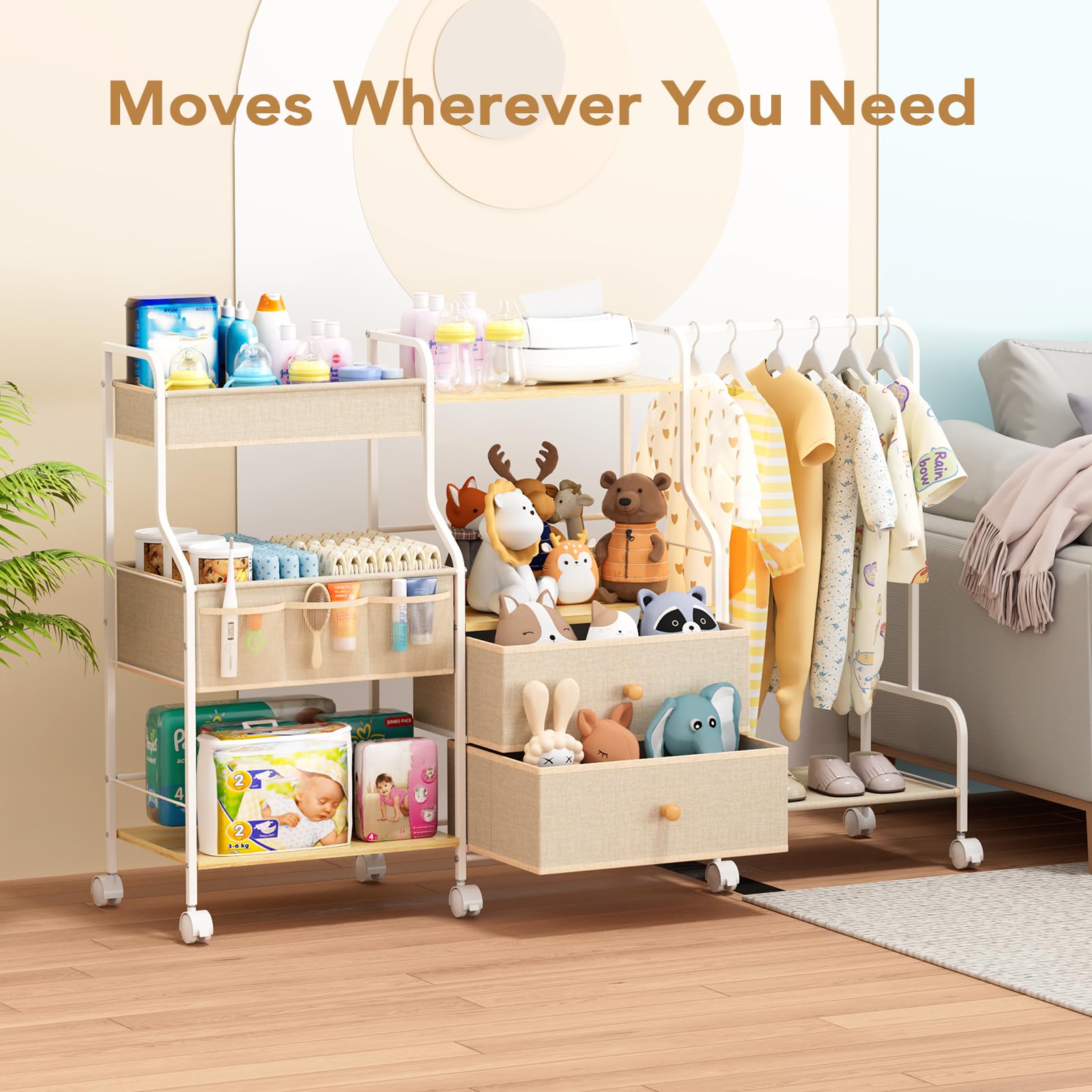 BBLIKE Diaper Caddy mesh side pockets keep bibs and toys within arm's reach.
