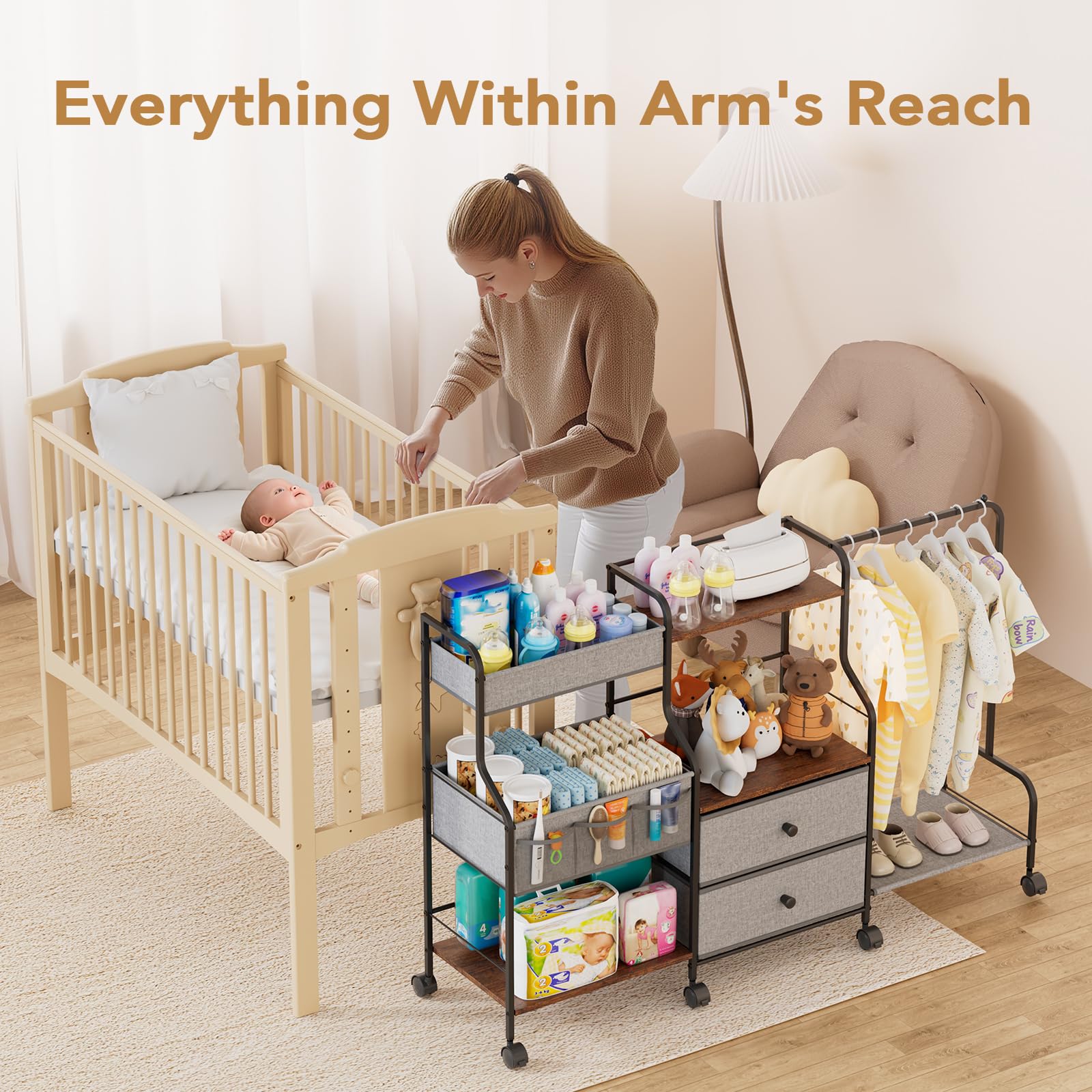 BBLIKE diaper caddy rolling cart in bedroom setup beside crib.