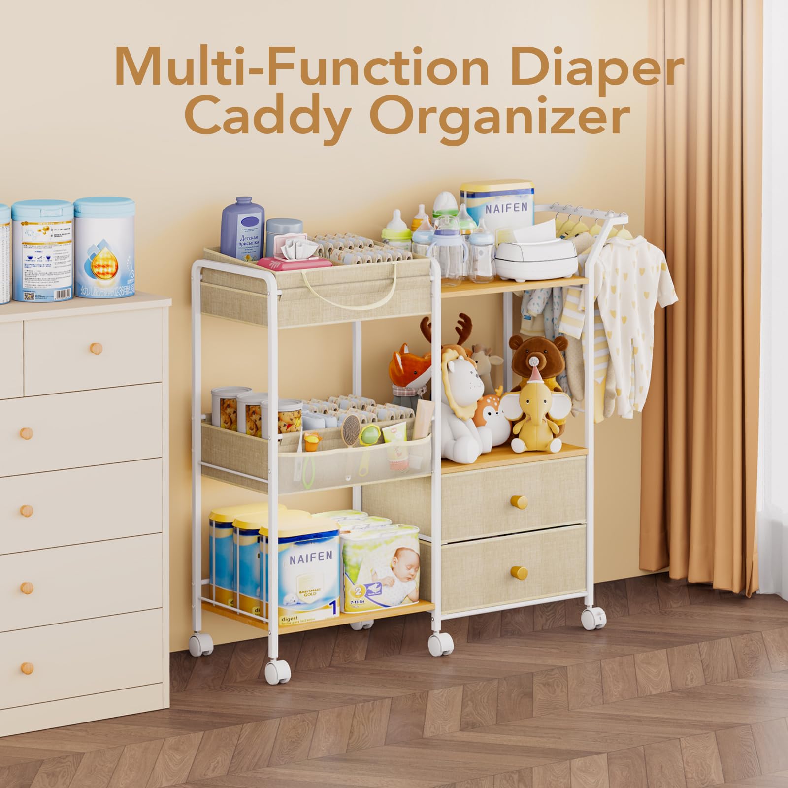 BBLIKE Diaper Caddy Organizer rolling cart with drawers offers smooth mobility for diaper duty.